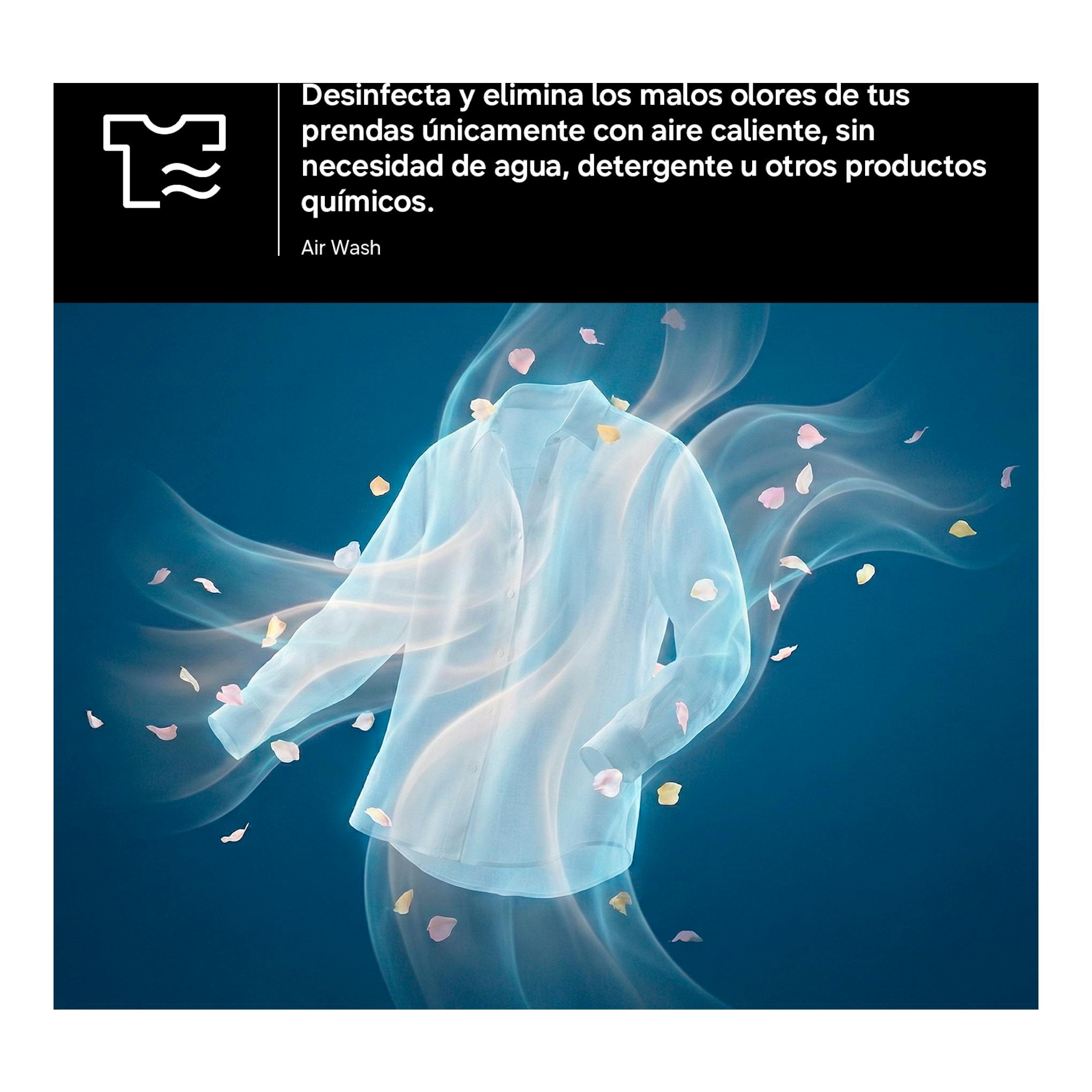 Samsung WD90HG6U94BBU3: gráfico de Air Wash con camisa blanca flotando sobre fondo azul.
