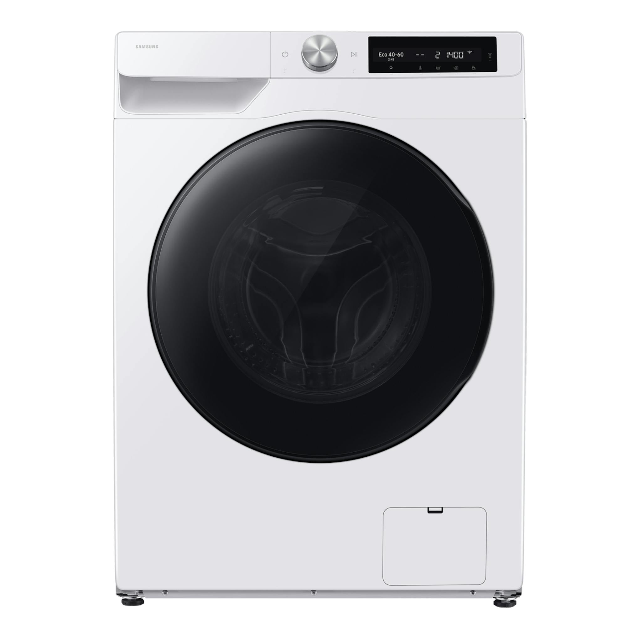 Lavasecadora Samsung WD90HG6U94BEU3 blanca, vista frontal, puerta negra circular y panel digital superior.