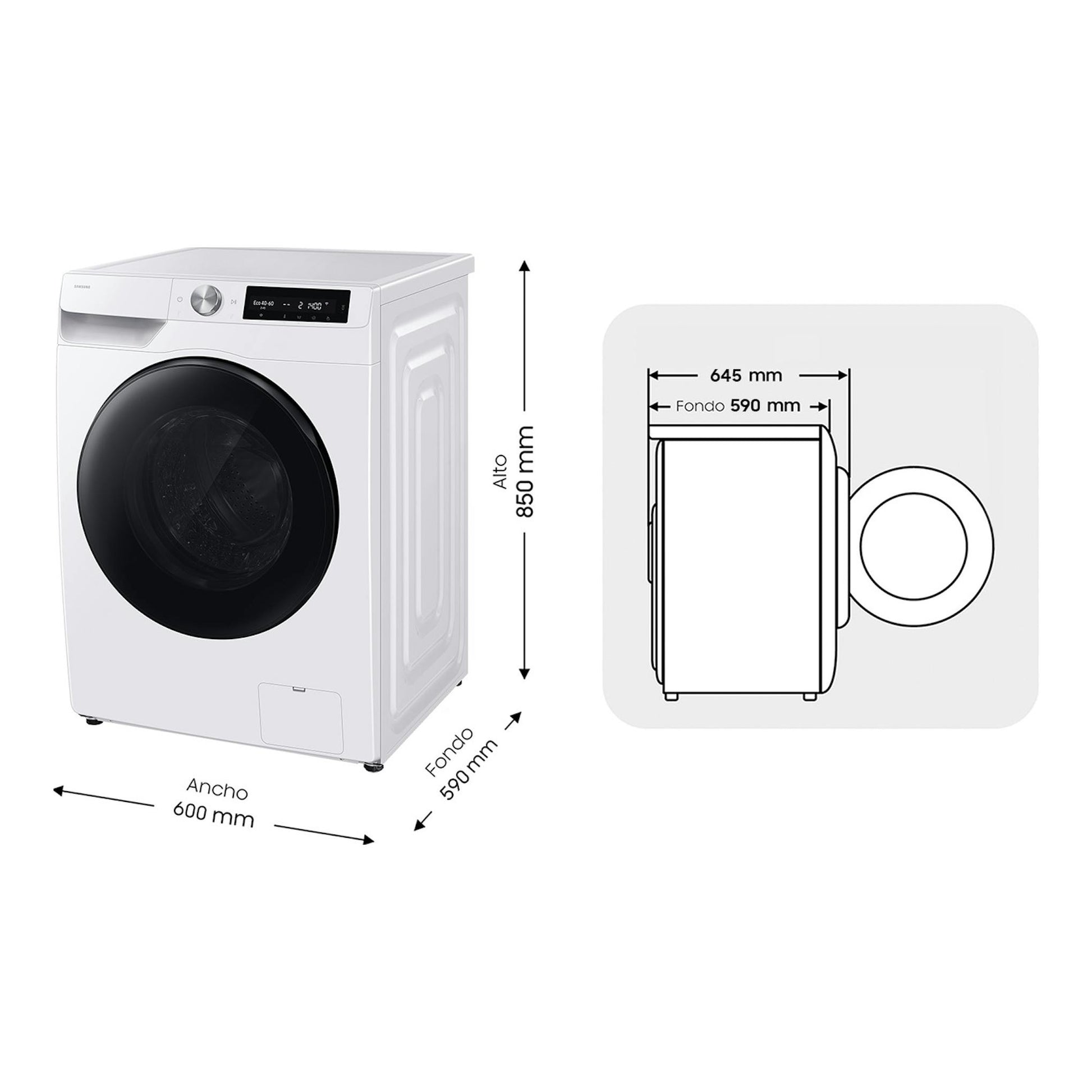 Lavasecadora Samsung WD90HG6U94BEU3 blanca, vista frontal en ángulo, con medidas de ancho 600 mm y alto 850 mm.