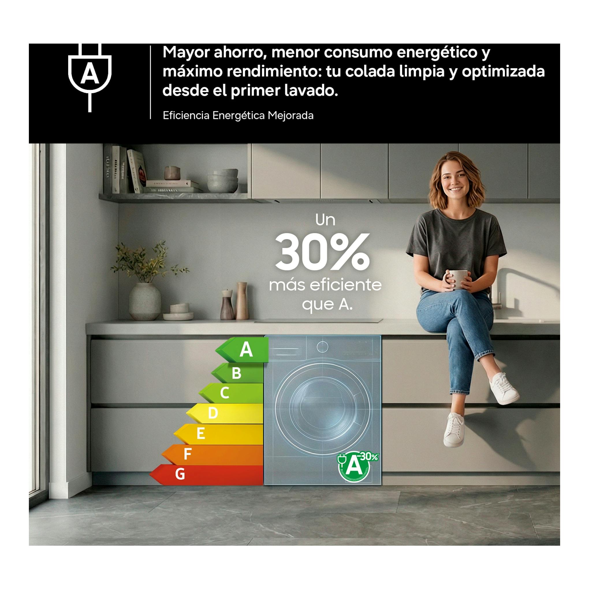 Samsung WD90HG6U94BEU3 lavasecadora, vista frontal, con etiqueta energética A y gráfico de eficiencia.