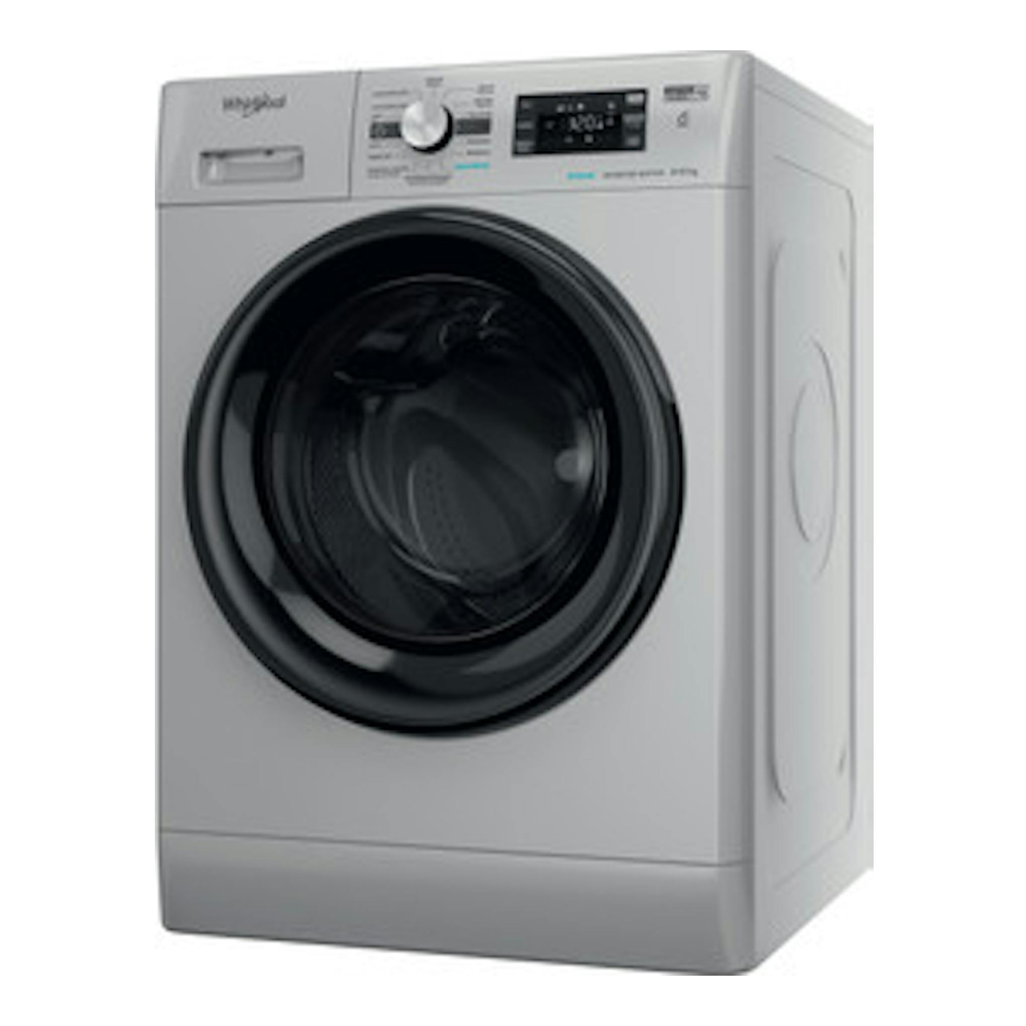 Lavasecadora Whirlpool FFWDB 964489 SBV SPT gris, vista frontal con puerta circular negra.