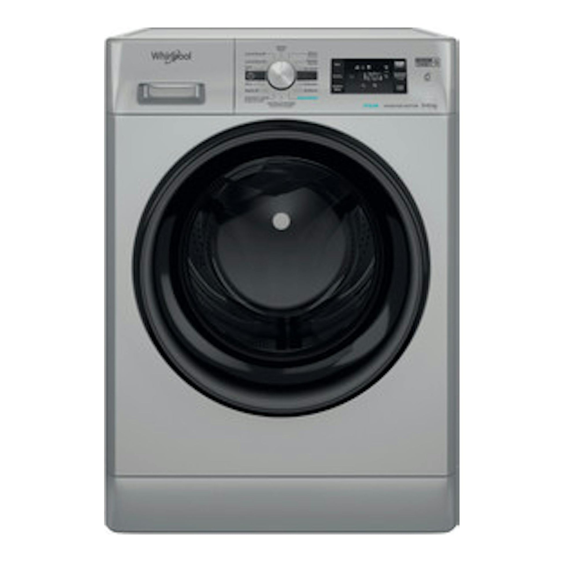 Lavasecadora Whirlpool FFWDB 964489 SBV SPT gris, vista frontal, puerta negra y panel superior.