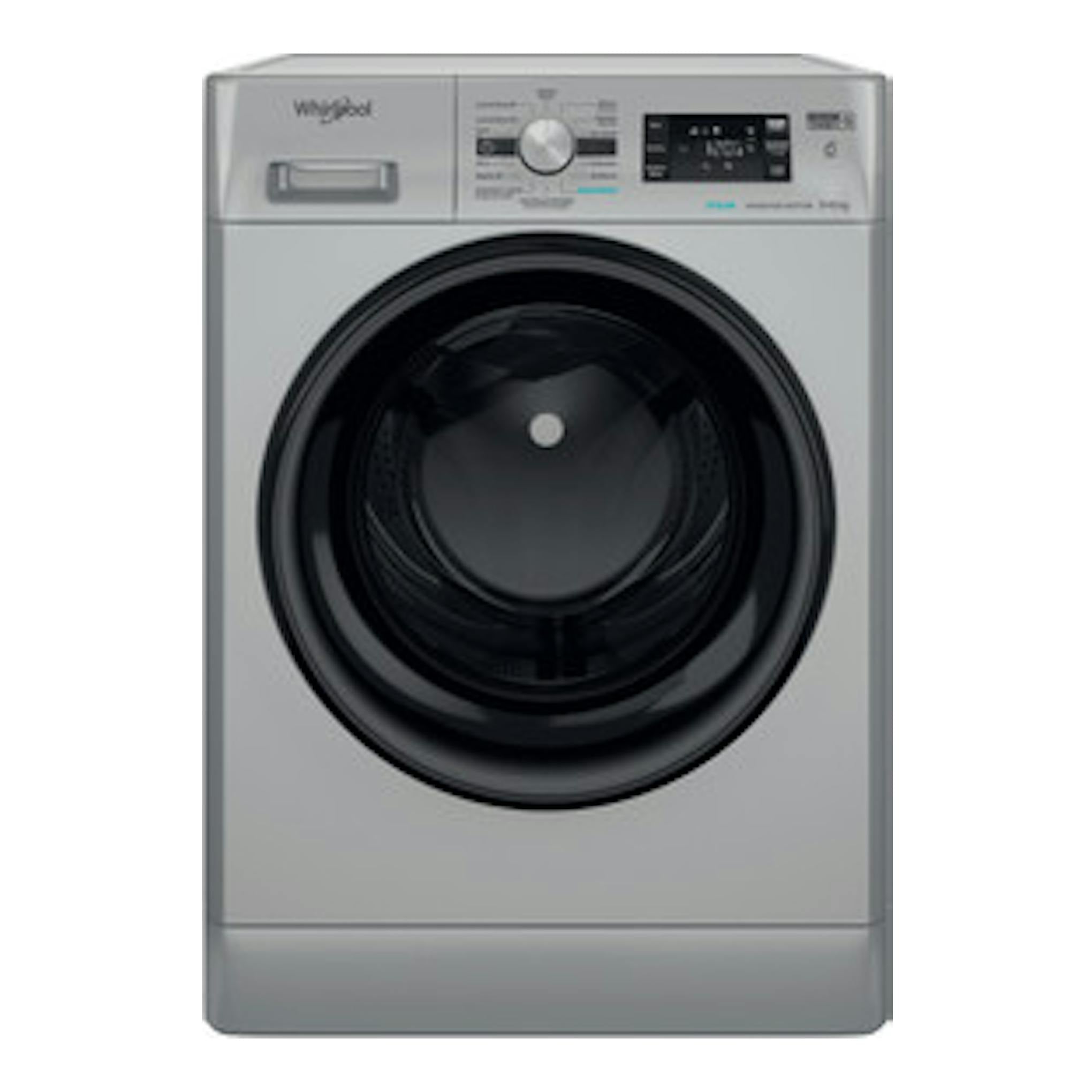 Lavasecadora Whirlpool FFWDB 964489 SBV SPT gris, vista frontal, puerta negra y panel superior.