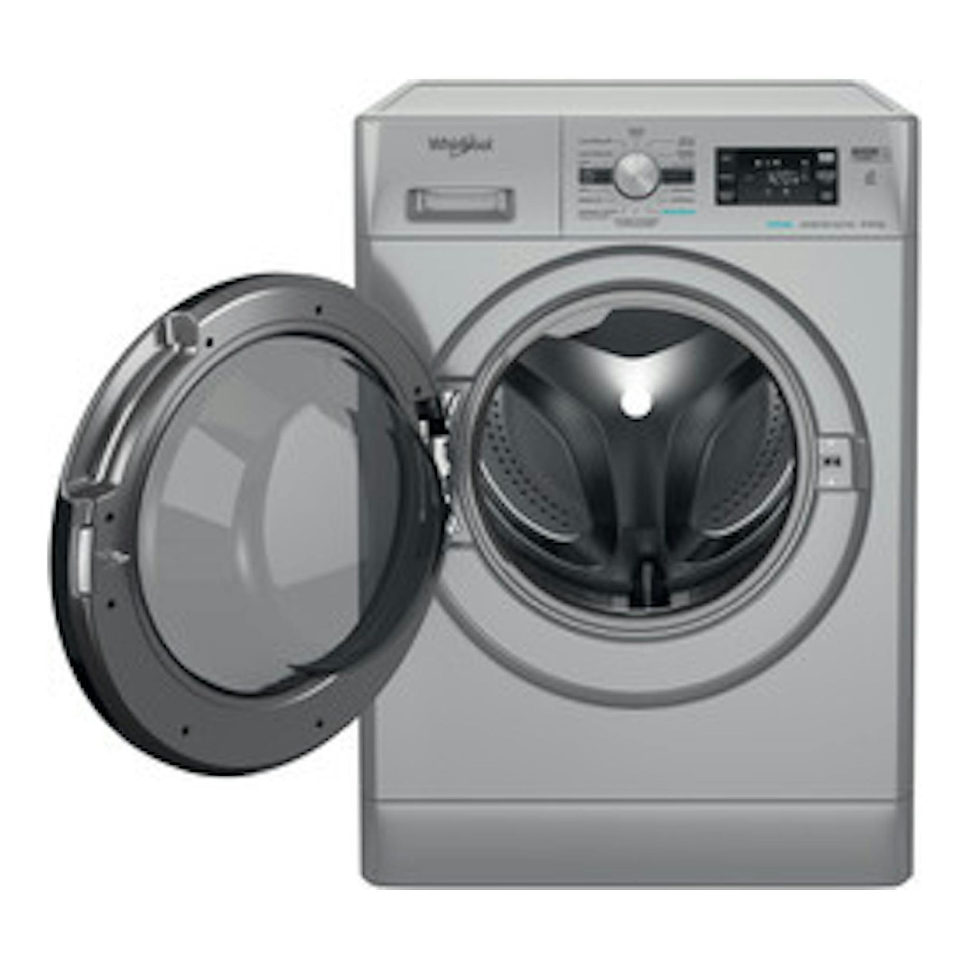 Lavasecadora Whirlpool FFWDB 964489 SBV SPT plateada, vista frontal con la puerta abierta.