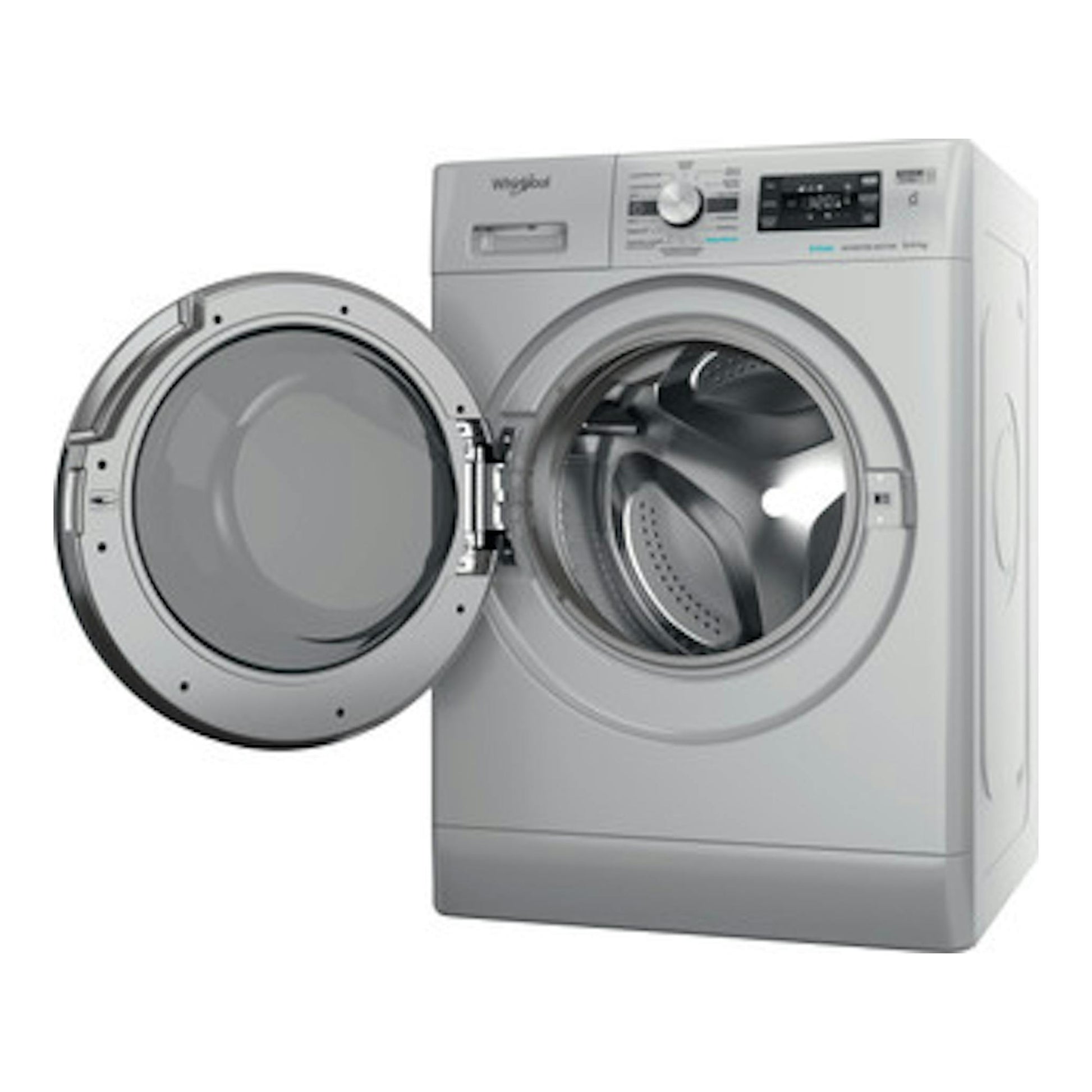 Lavasecadora Whirlpool FFWDB 964489 SBV SPT plateada, vista frontal con puerta abierta.