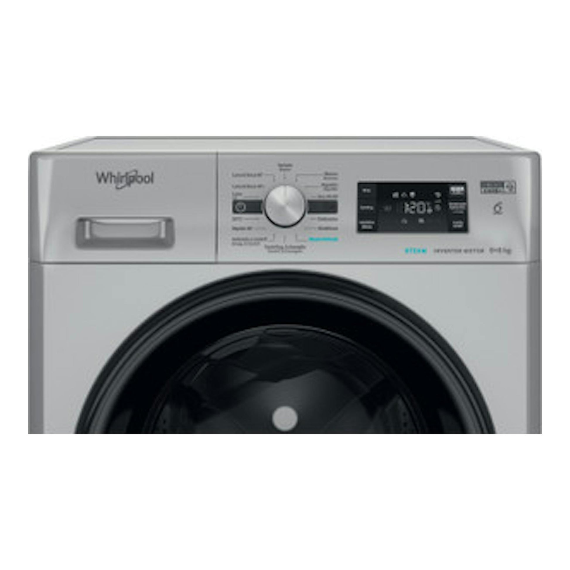 Lavasecadora Whirlpool FFWDB 964489 SBV SPT gris, vista frontal parcial con puerta negra y panel digital.