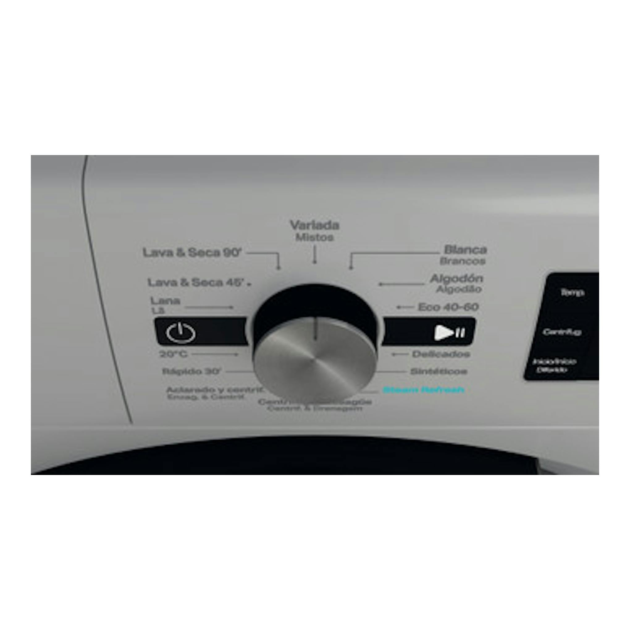 Panel de control de lavasecadora Whirlpool FFWDB 964489 SBV SPT, con selector central y programas en español.