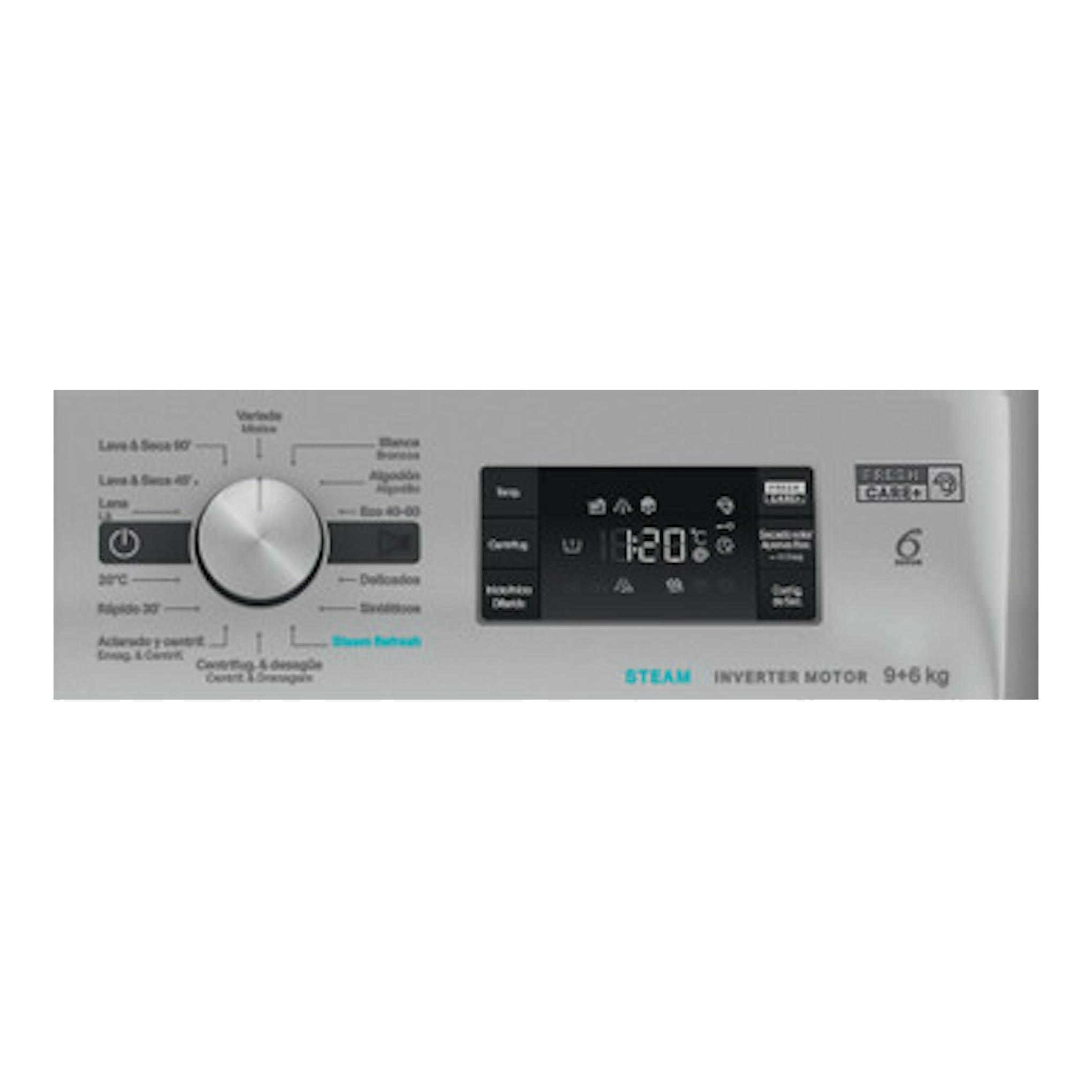 Primer plano del panel frontal de lavasecadora Whirlpool FFWDB 964489 SBV SPT, blanco, con selector y pantalla digital.