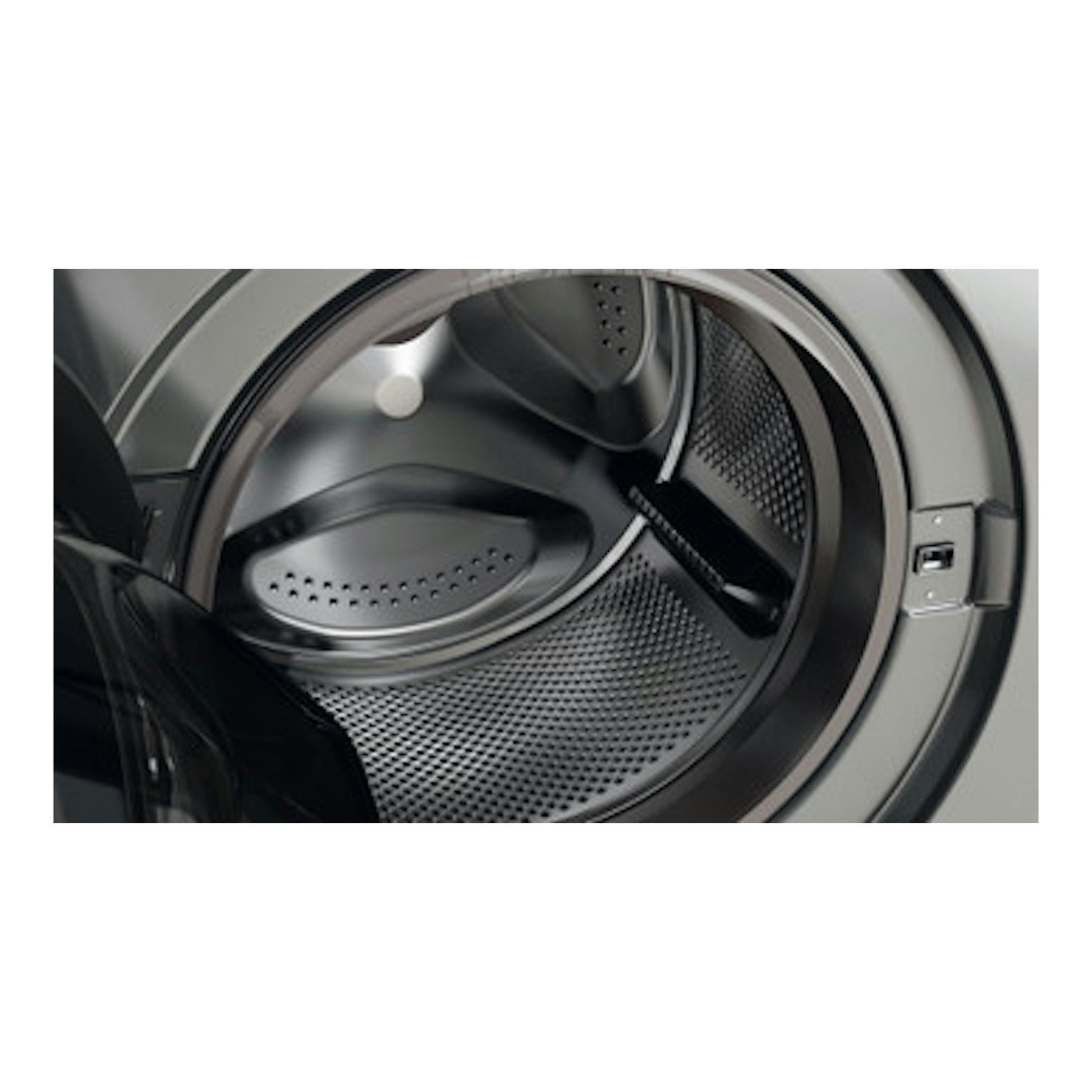 Interior de lavasecadora Whirlpool FFWDB 964489 SBV SPT, tambor frontal de acero inoxidable, vista cercana.