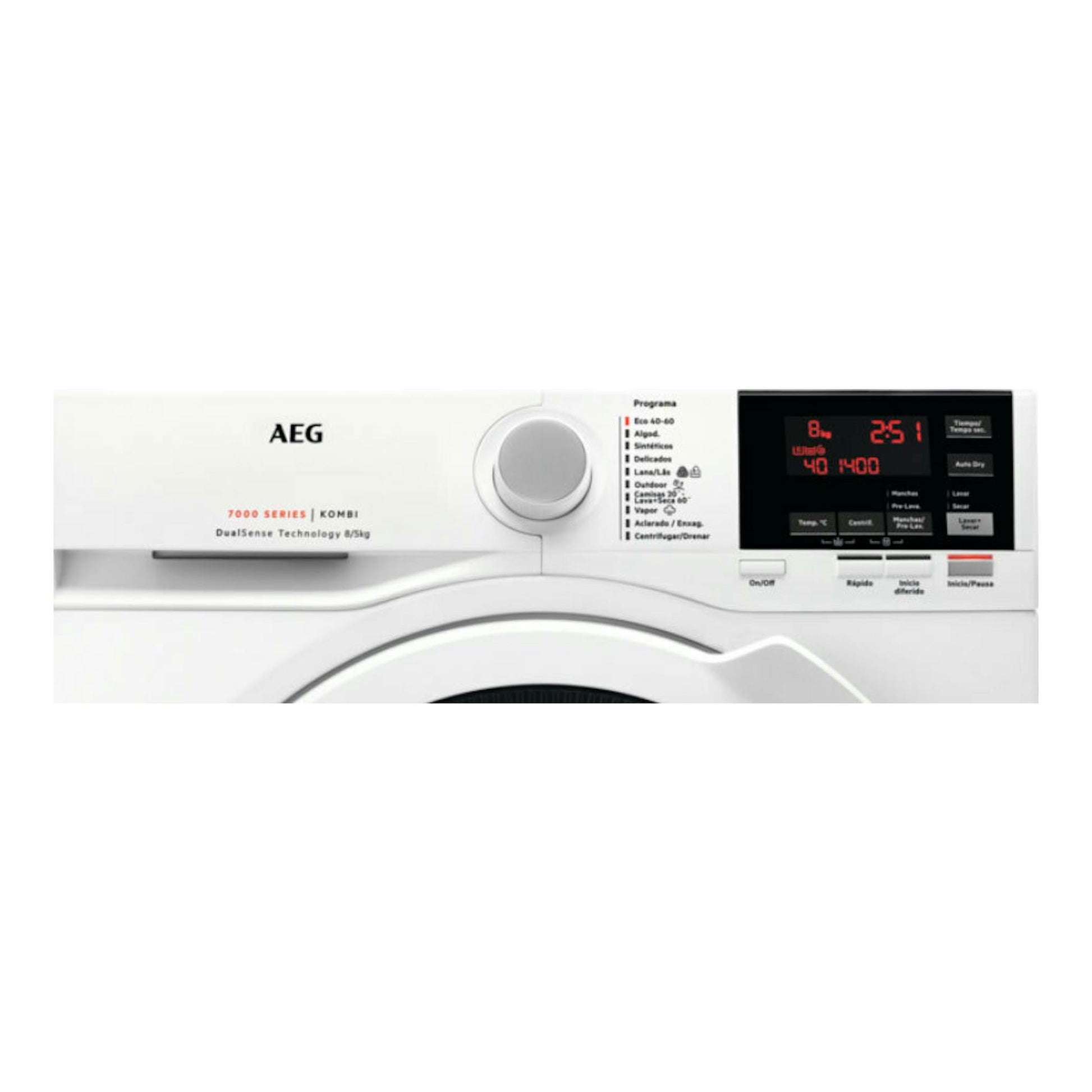Lavasecadora AEG L7WBG851 blanca, vista frontal parcial con selector giratorio y panel digital.