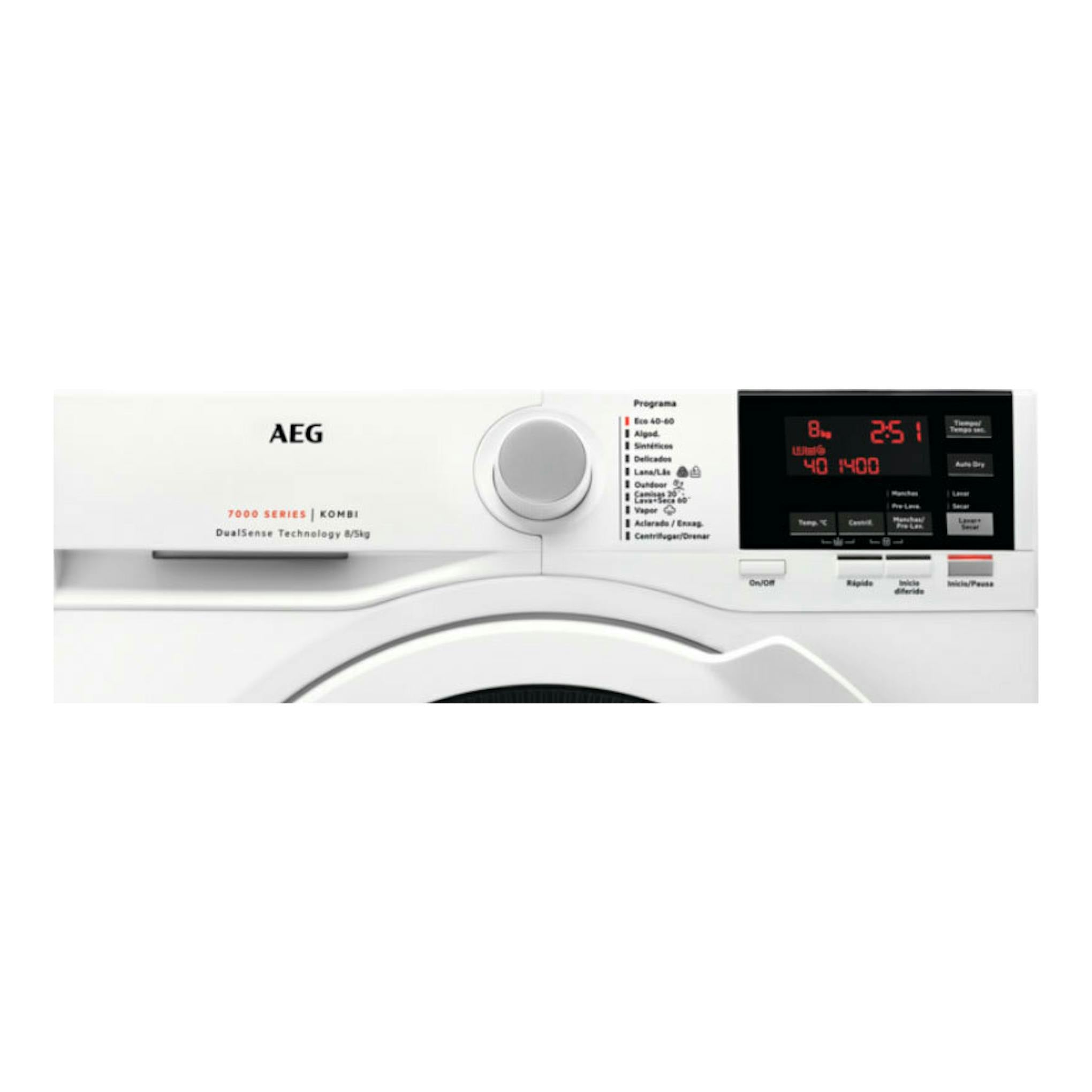 Lavasecadora AEG L7WBG851 blanca, vista frontal parcial con selector giratorio y panel digital.