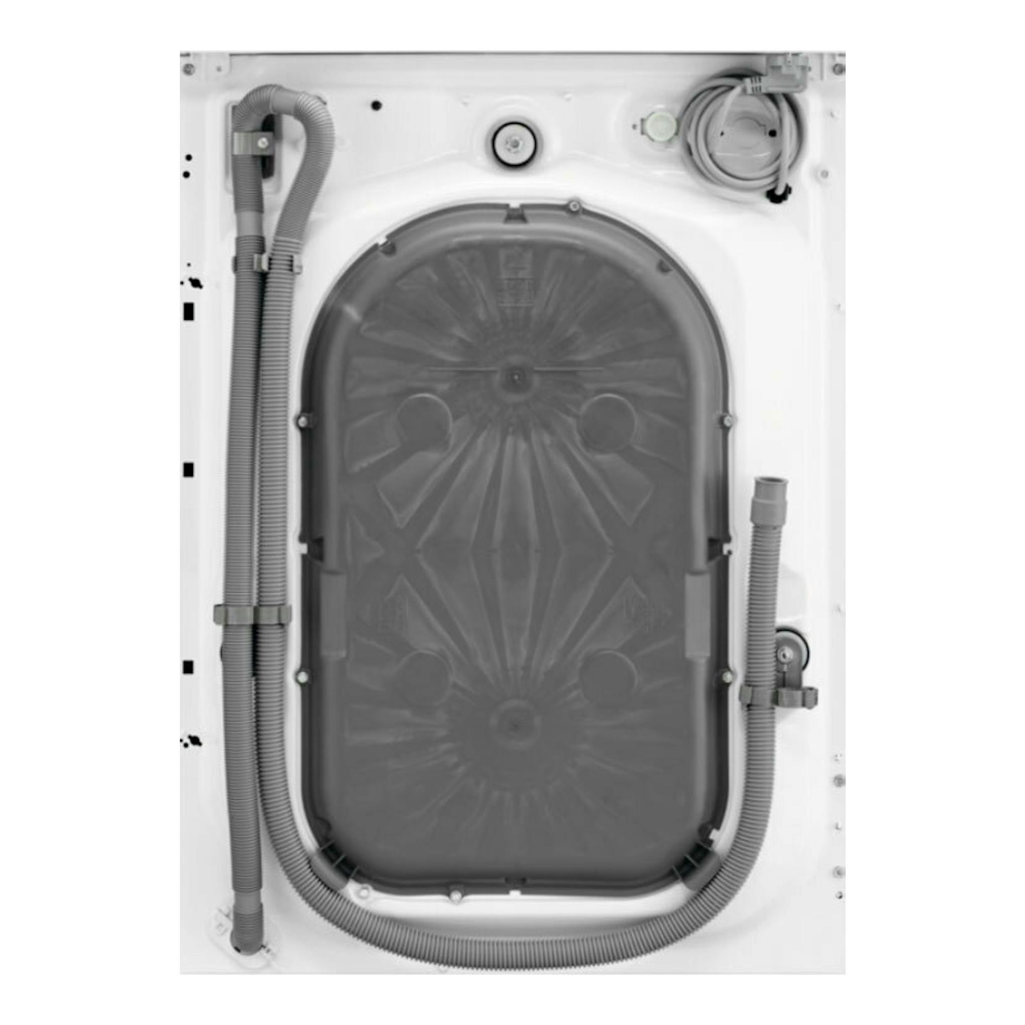 Lavasecadora AEG L7WBG851 blanca, vista trasera con mangueras y panel posterior.