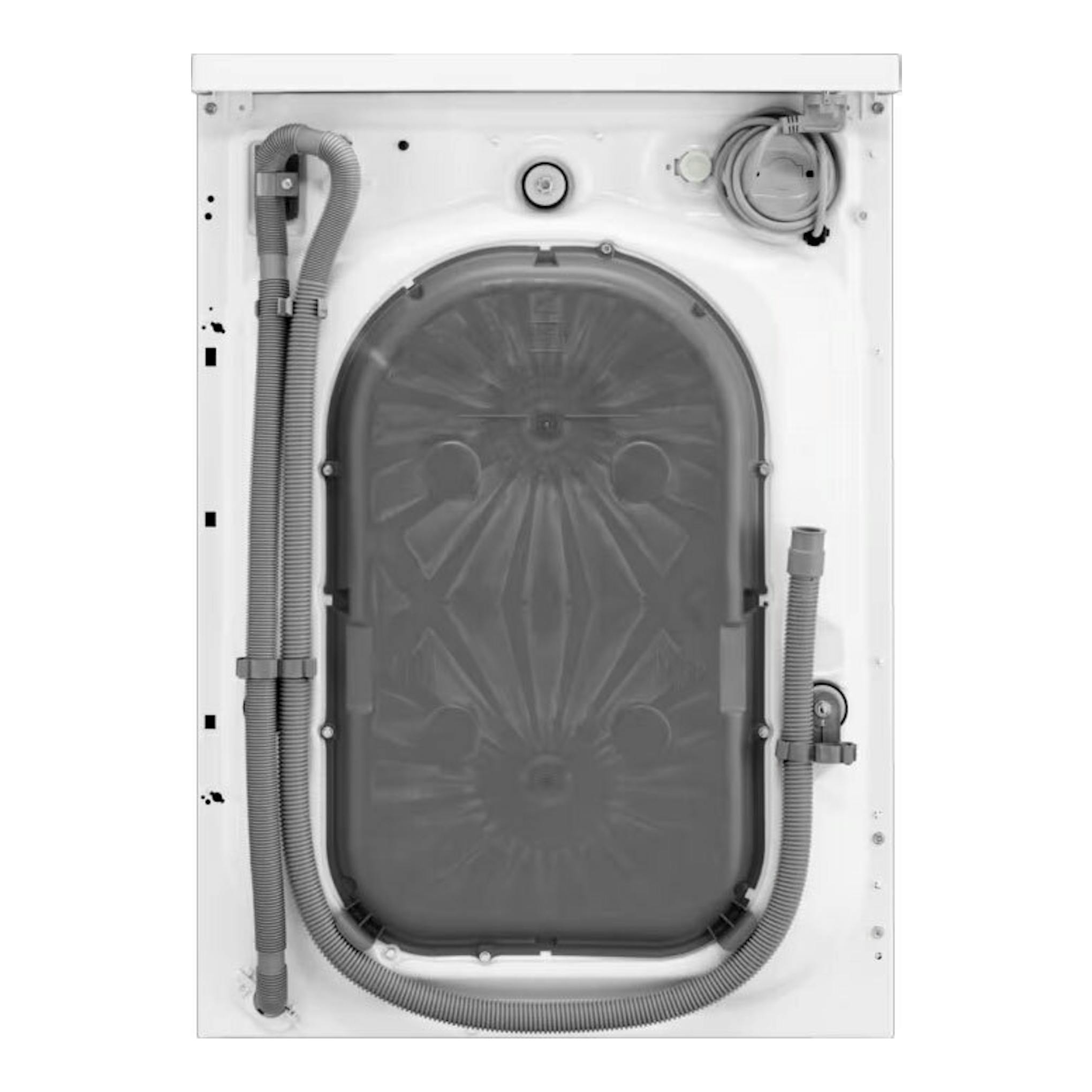 AEG LWR7304L4B, lavasecadora blanca, vista trasera con panel y mangueras visibles.