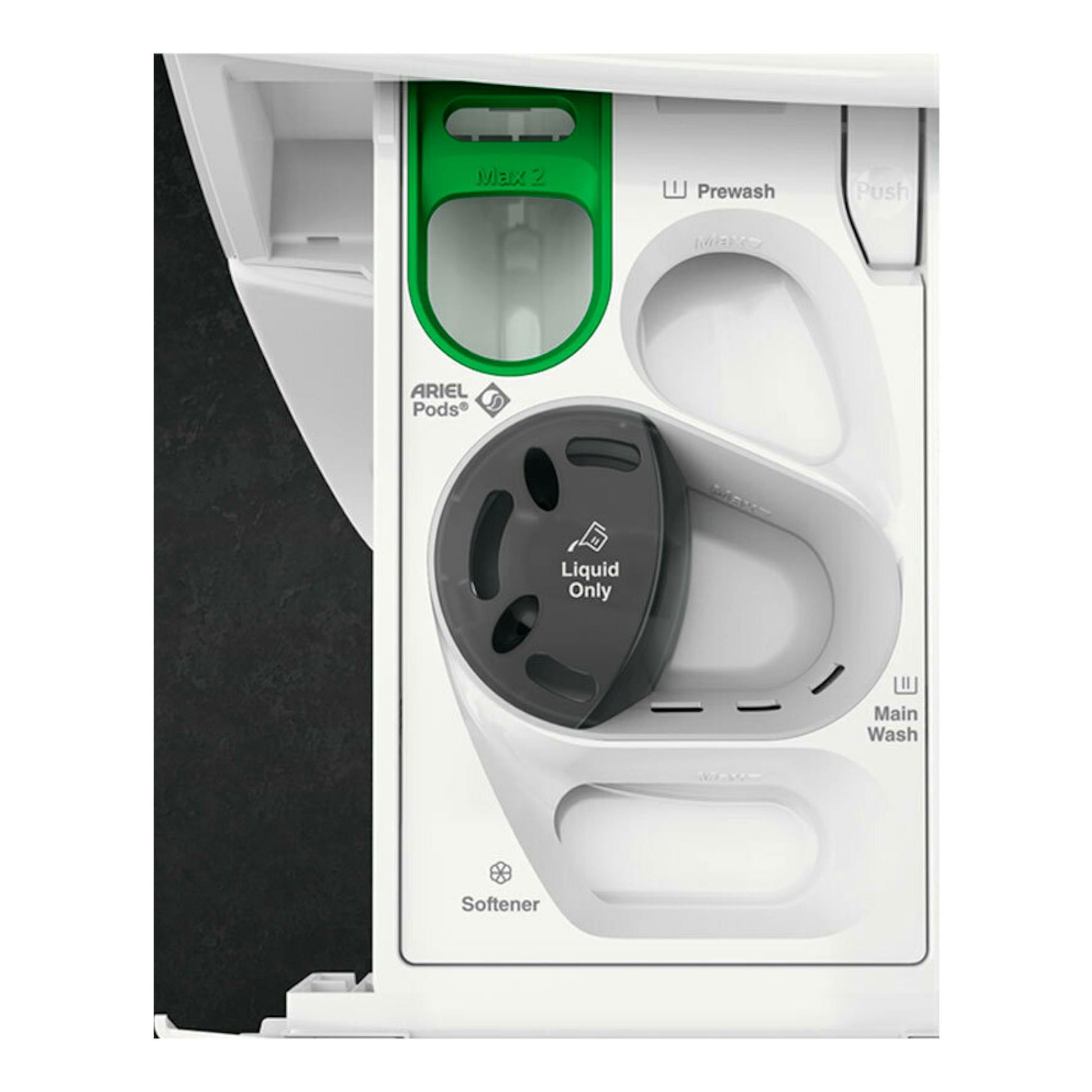 AEG LWR7316O4O: cajón de detergente blanco con compartimentos Prewash, Main Wash y Softener, vista frontal.