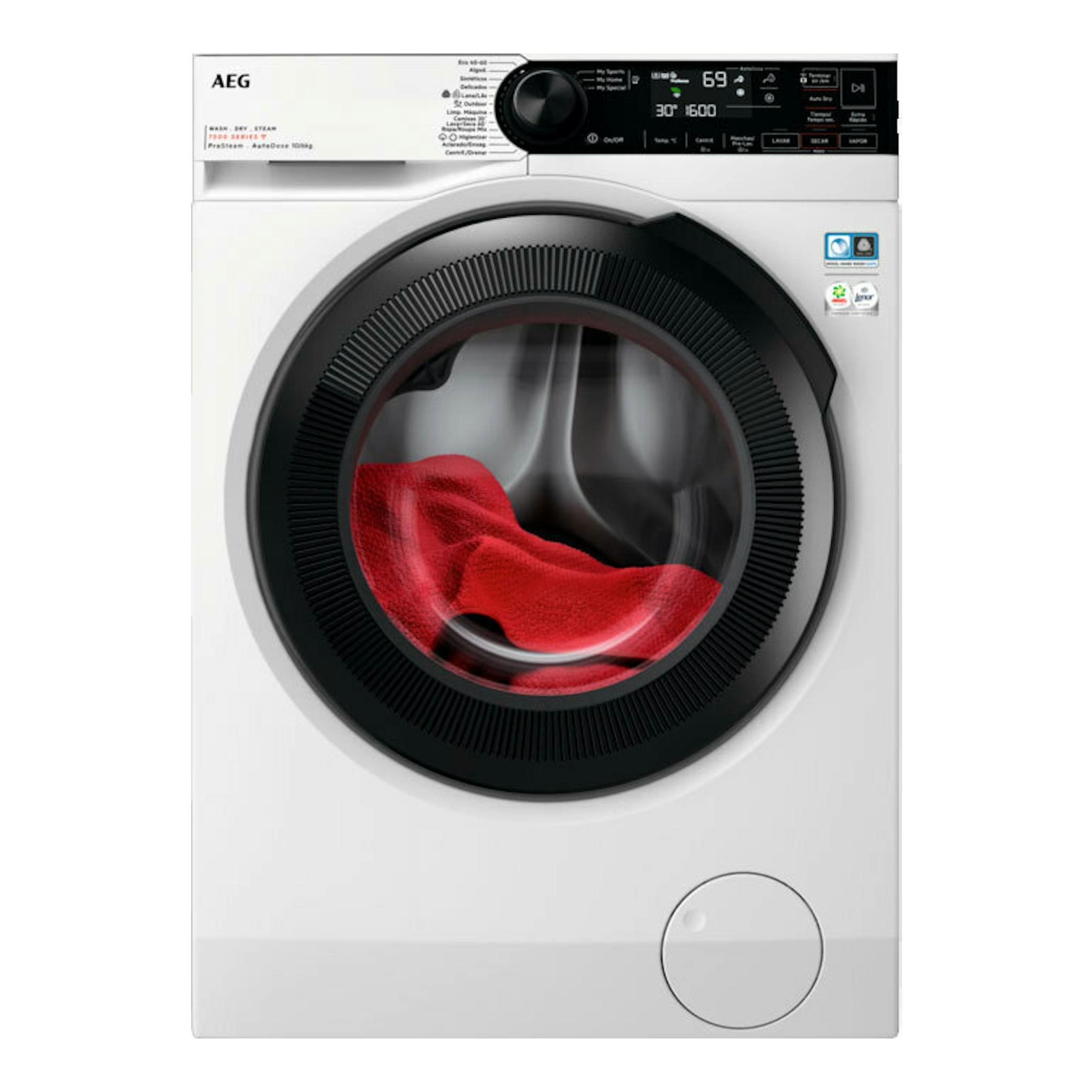 Lavasecadora AEG LWR7316O4Q blanca, vista frontal, con puerta circular negra y panel digital superior.