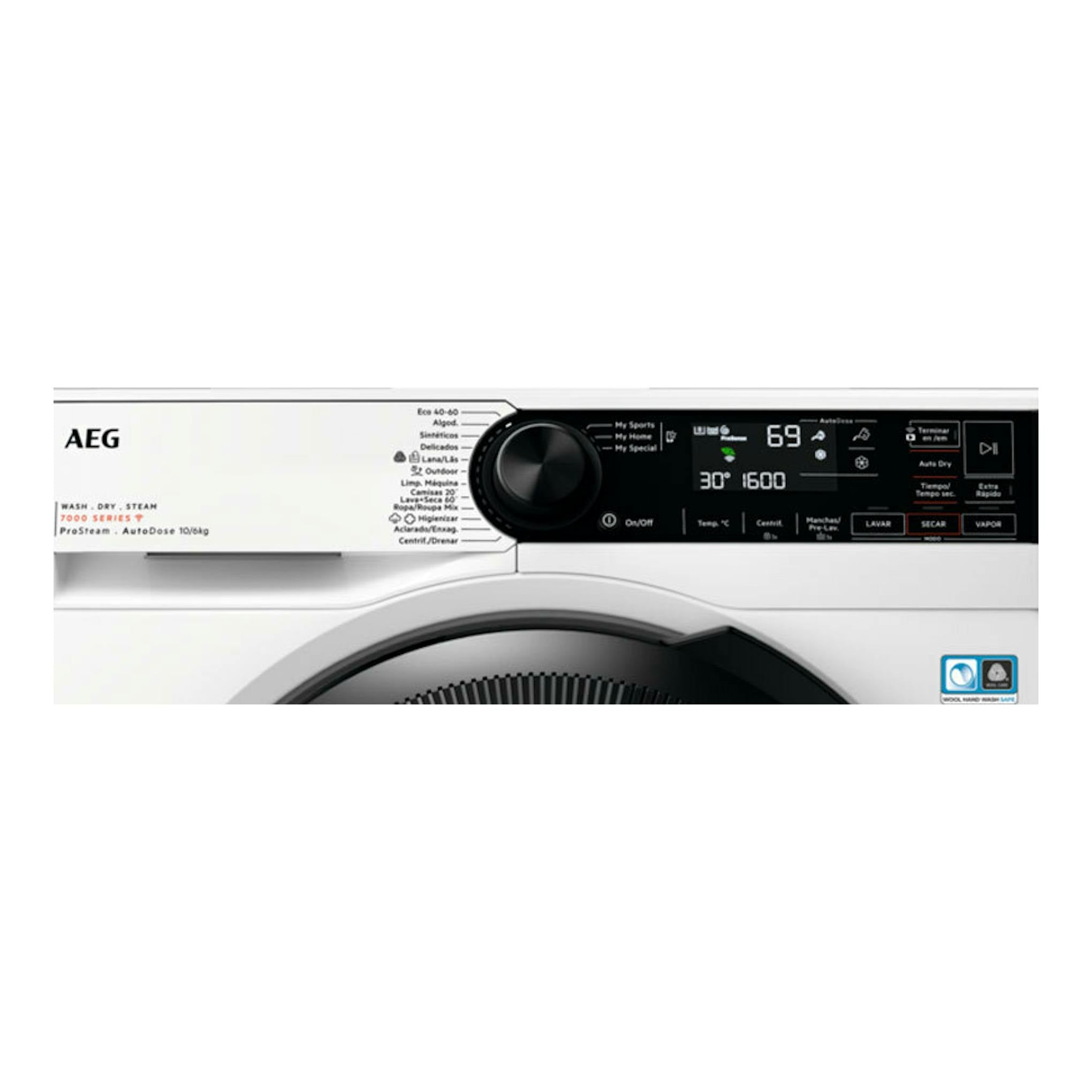 Lavasecadora AEG LWR7316O4Q blanca, vista frontal parcial, con panel digital y selector negro.