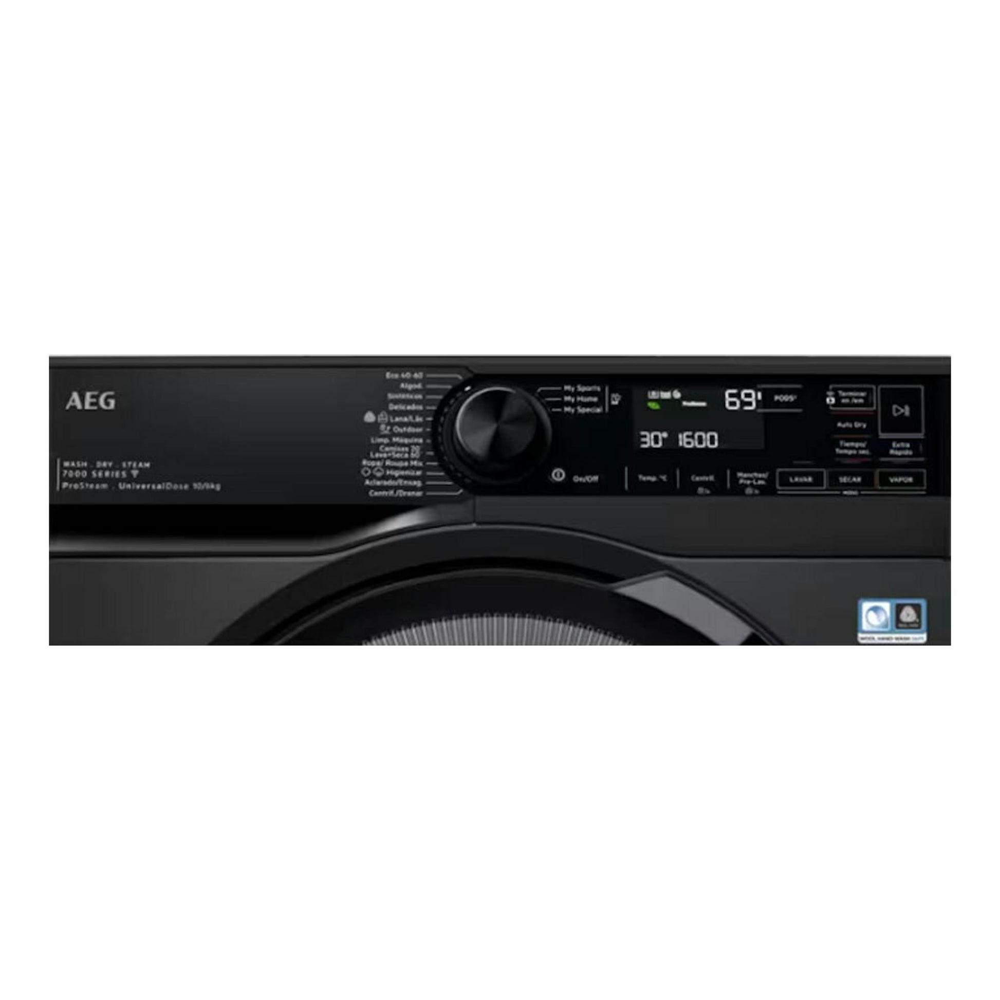 Lavasecadora AEG LWR7316V6O negra, vista frontal parcial del panel de control y puerta.