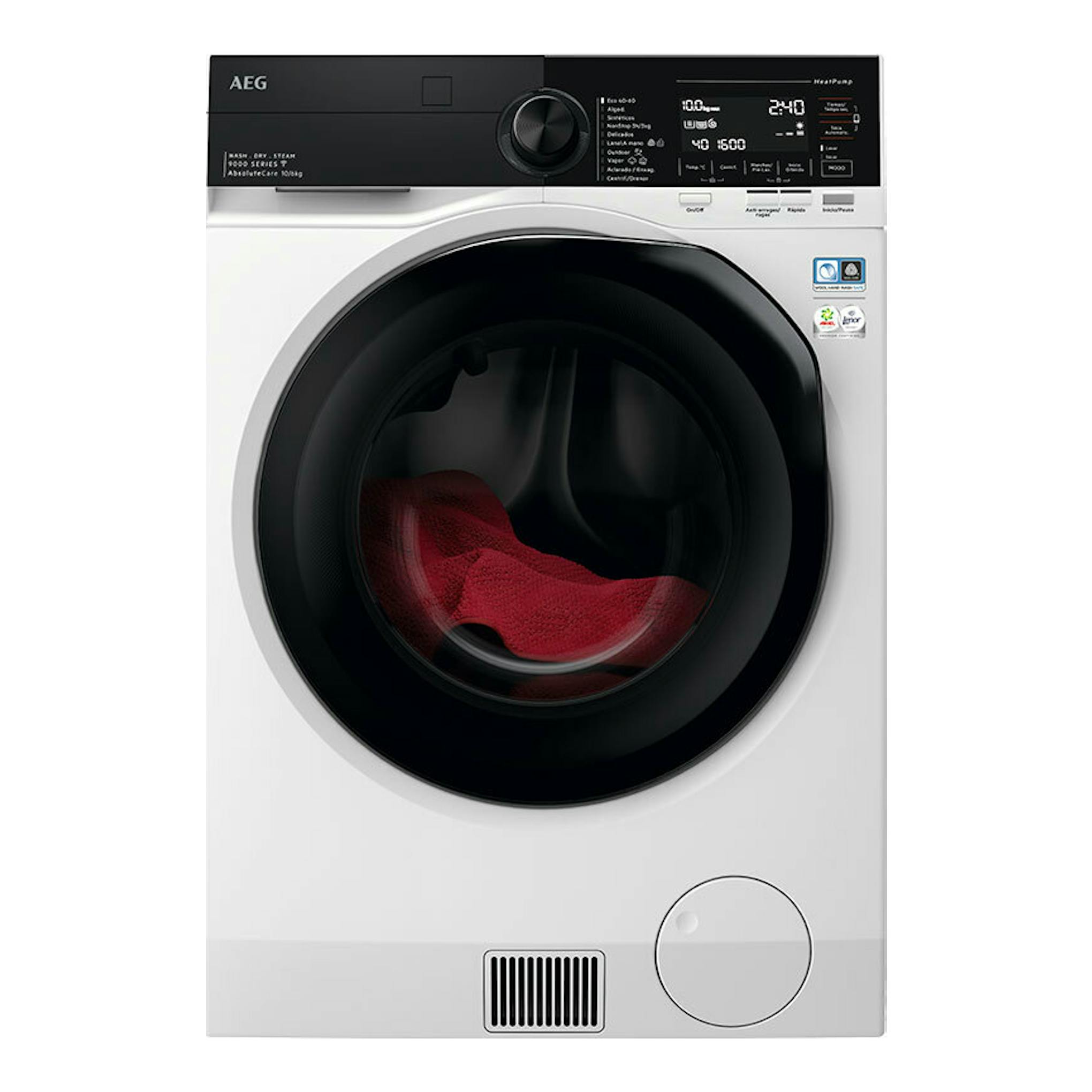 Lavasecadora AEG LWR9816O1C blanca, vista frontal, con puerta negra circular y panel superior digital.