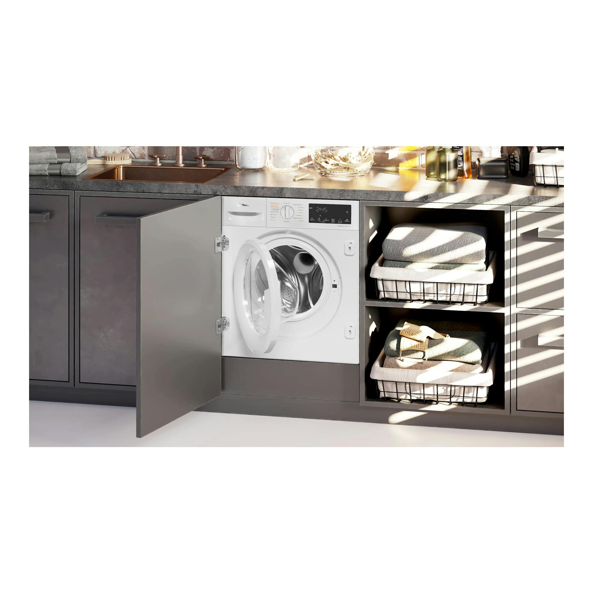Lavasecadora Balay 3TW887B blanca integrada en mueble de cocina, con puerta frontal abierta.