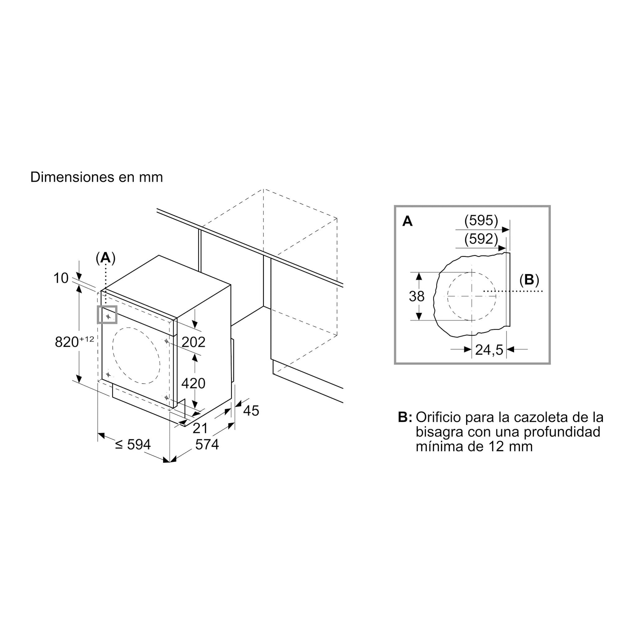 Balay 3TW887B, diagrama de dimensiones en mm de lavasecadora integrable, vista frontal y lateral.