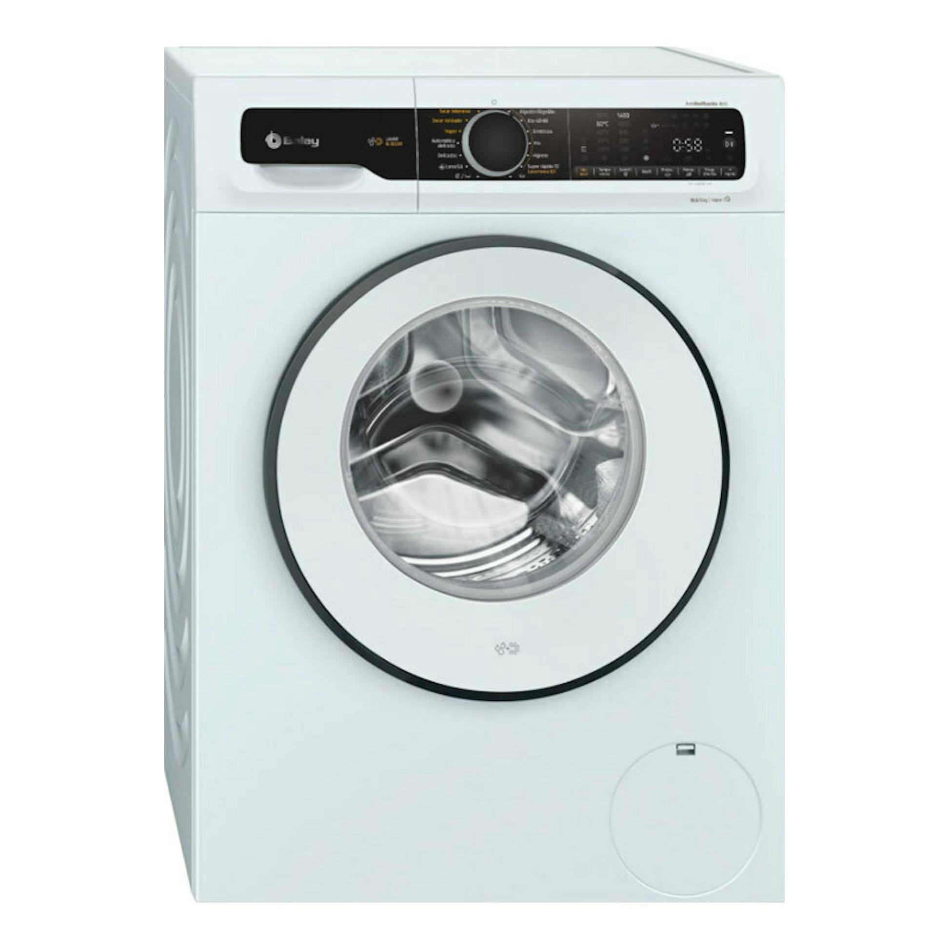 Lavasecadora Balay 3TW9105BD blanca, vista frontal, con puerta circular y panel superior negro.