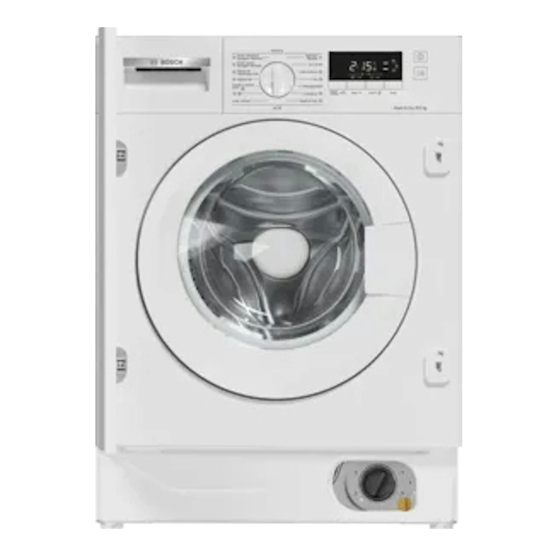Lavasecadora Bosch WKD28490ES integrable, vista frontal, blanca, con puerta circular y panel superior