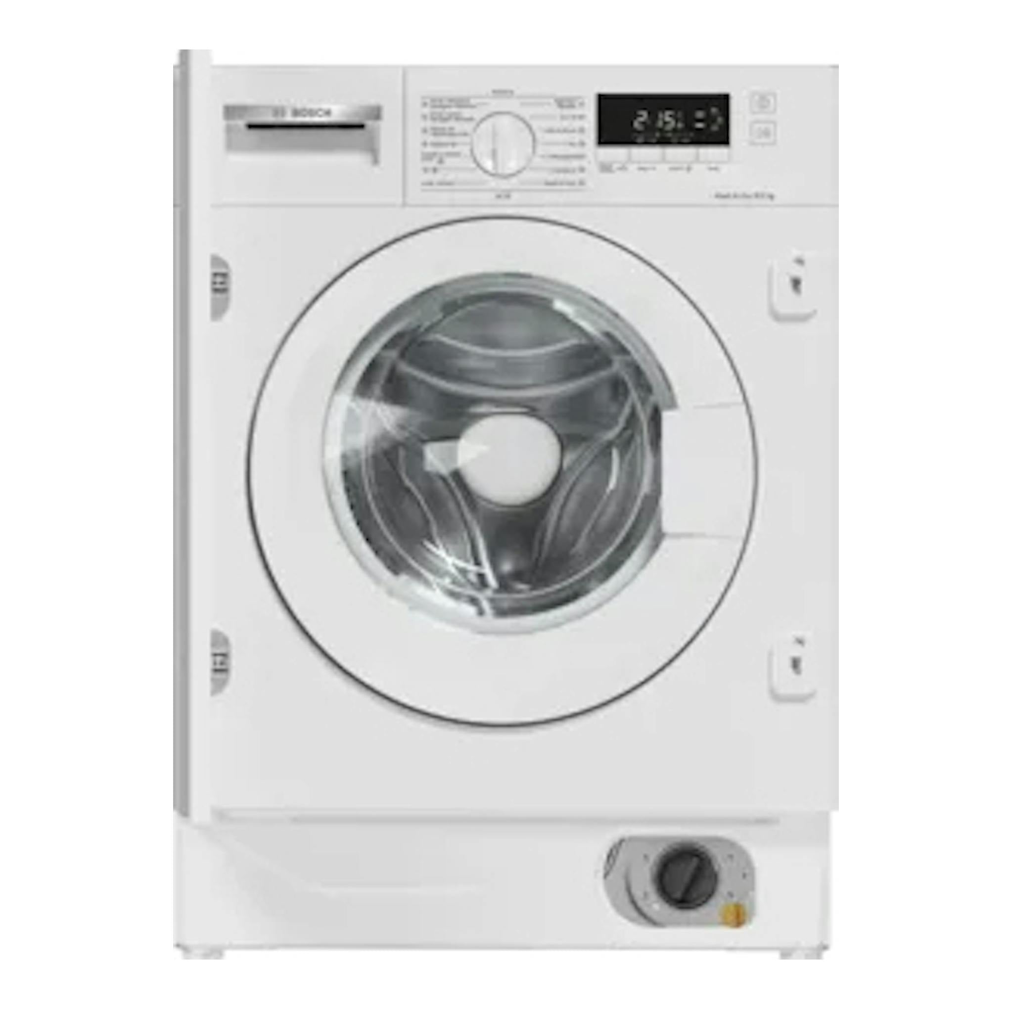 Lavasecadora Bosch WKD28490ES integrable, vista frontal, blanca, con puerta circular y panel superior