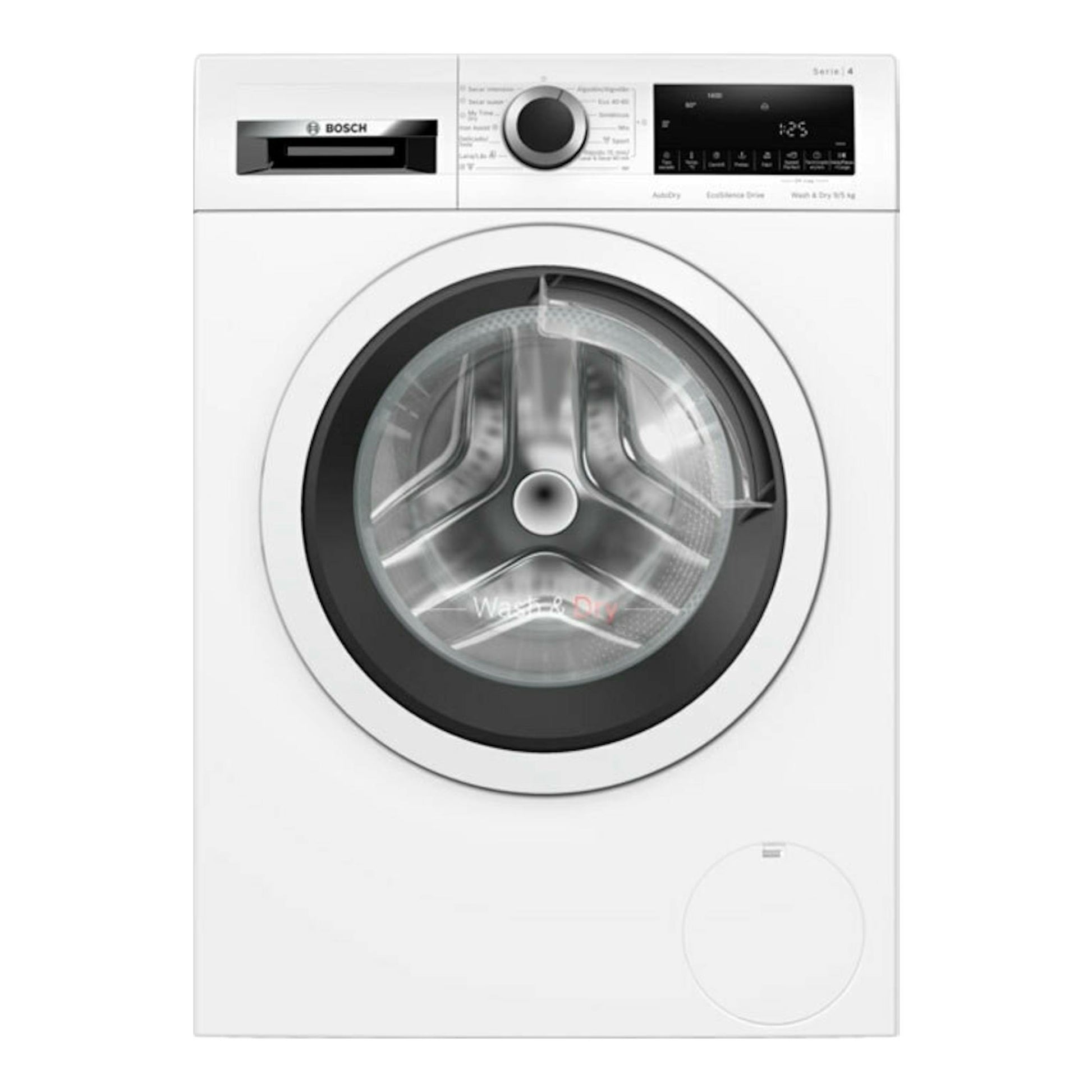 Lavasecadora Bosch WNA13401ES blanca, vista frontal, con puerta circular y panel digital superior.