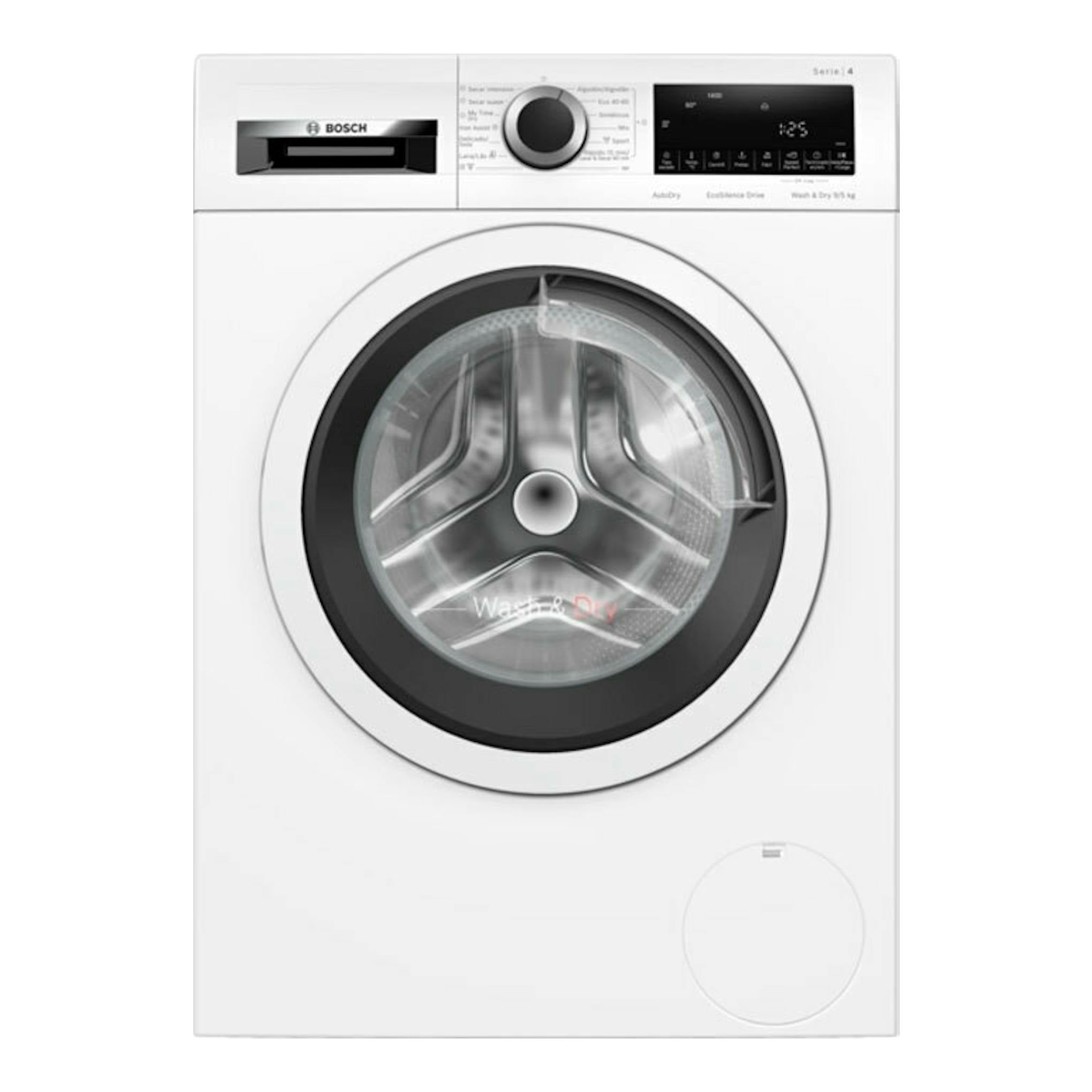 Lavasecadora Bosch WNA13401ES blanca, vista frontal, con puerta circular y panel digital superior.