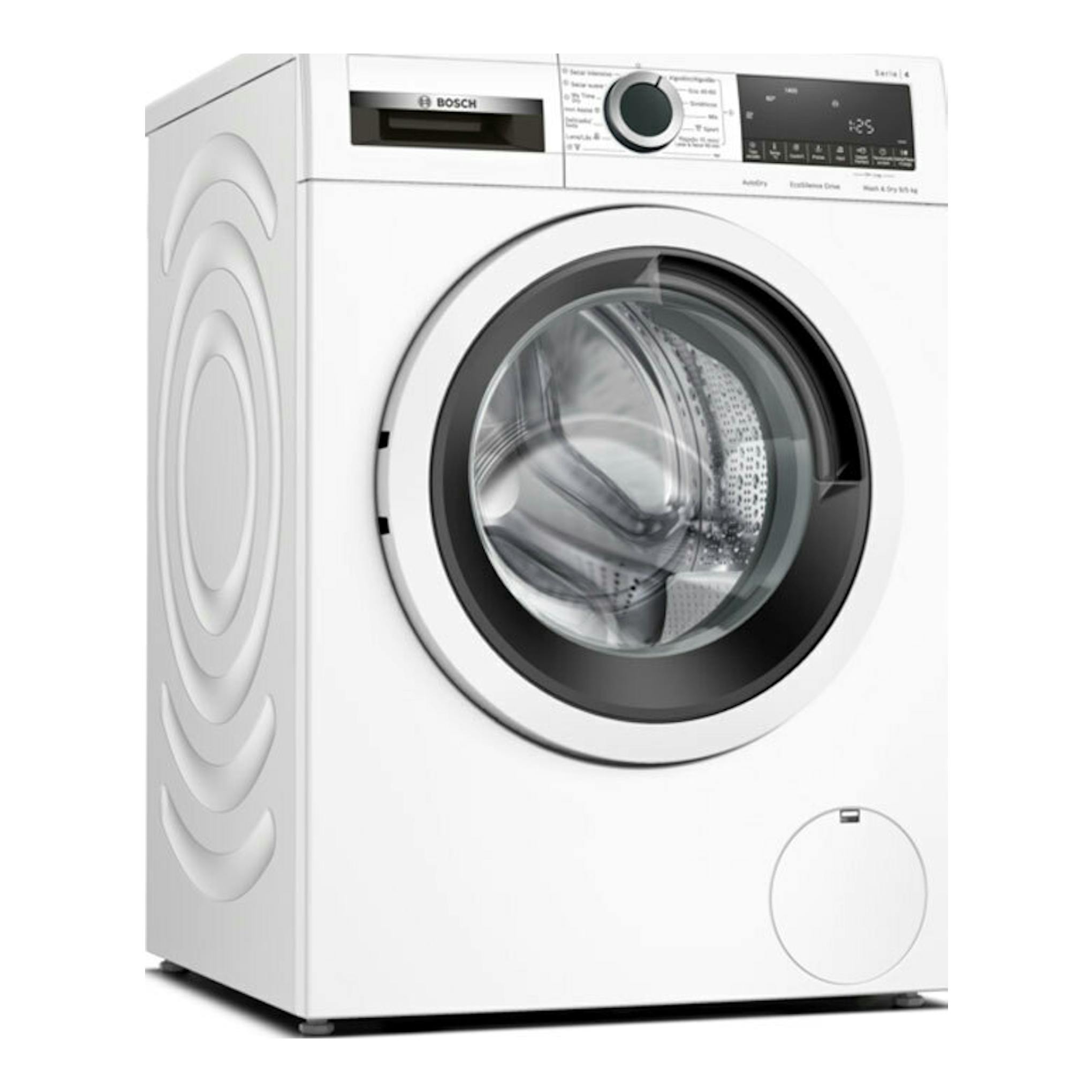 Lavasecadora Bosch WNA13401ES blanca, vista frontal, con puerta circular y panel digital superior.