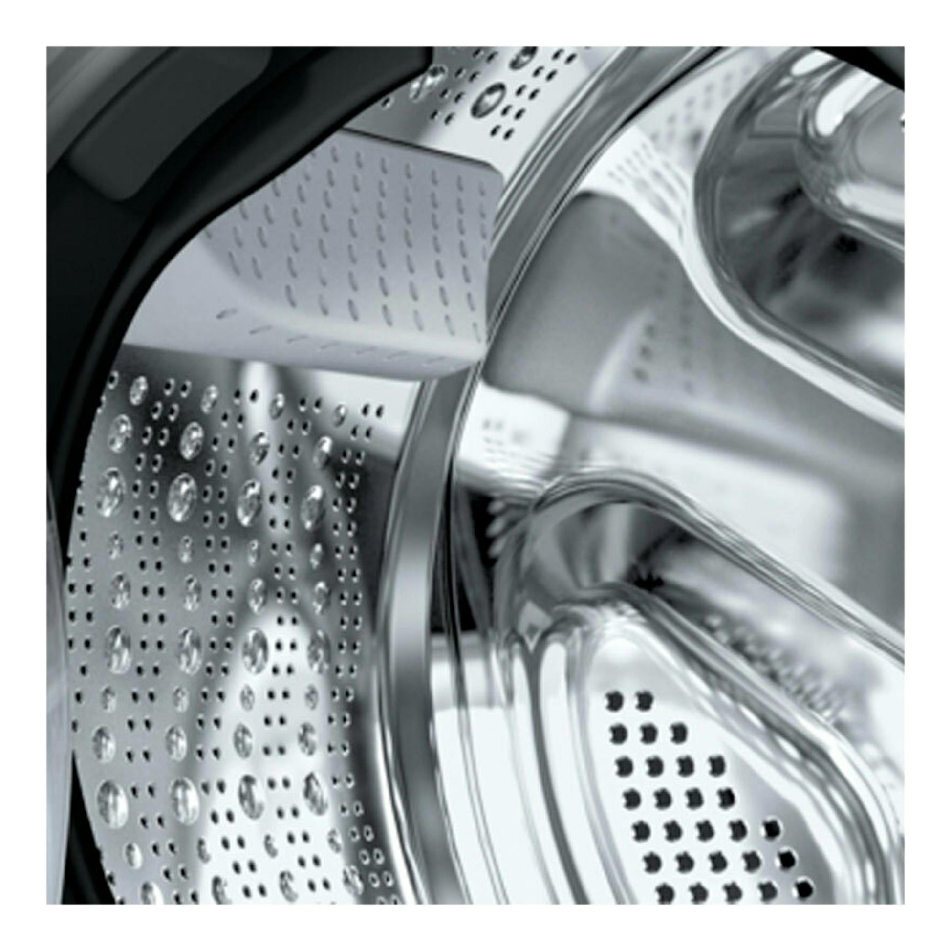 Interior del tambor de una lavasecadora Bosch WNA13401ES, vista cercana en acero inoxidable.