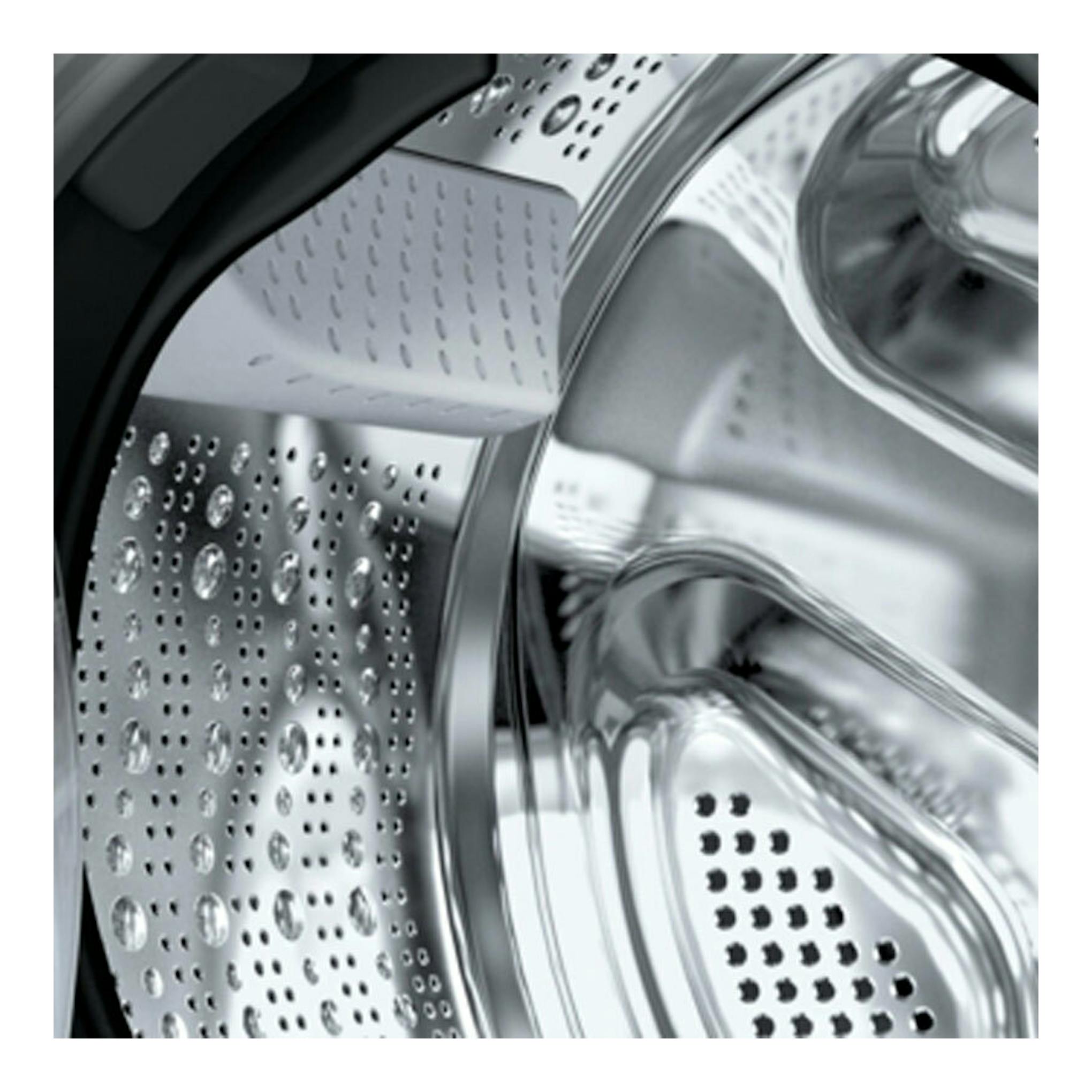 Interior del tambor de una lavasecadora Bosch WNA13401ES, vista cercana en acero inoxidable.