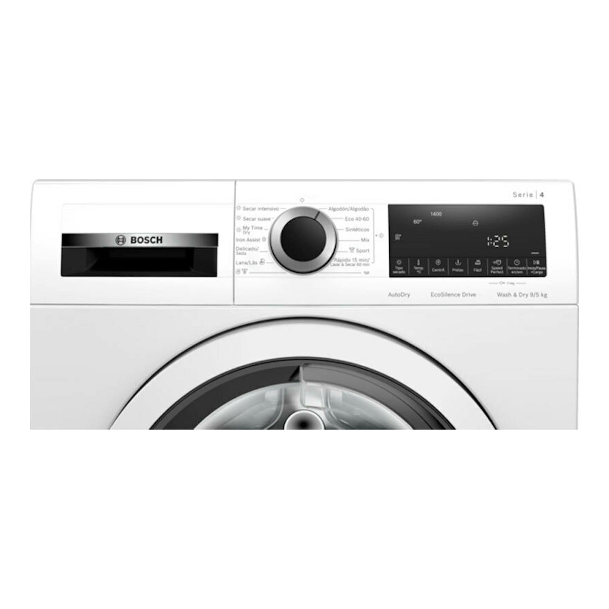 Lavasecadora Bosch WNA13401ES blanca, vista frontal, con puerta negra y panel digital.