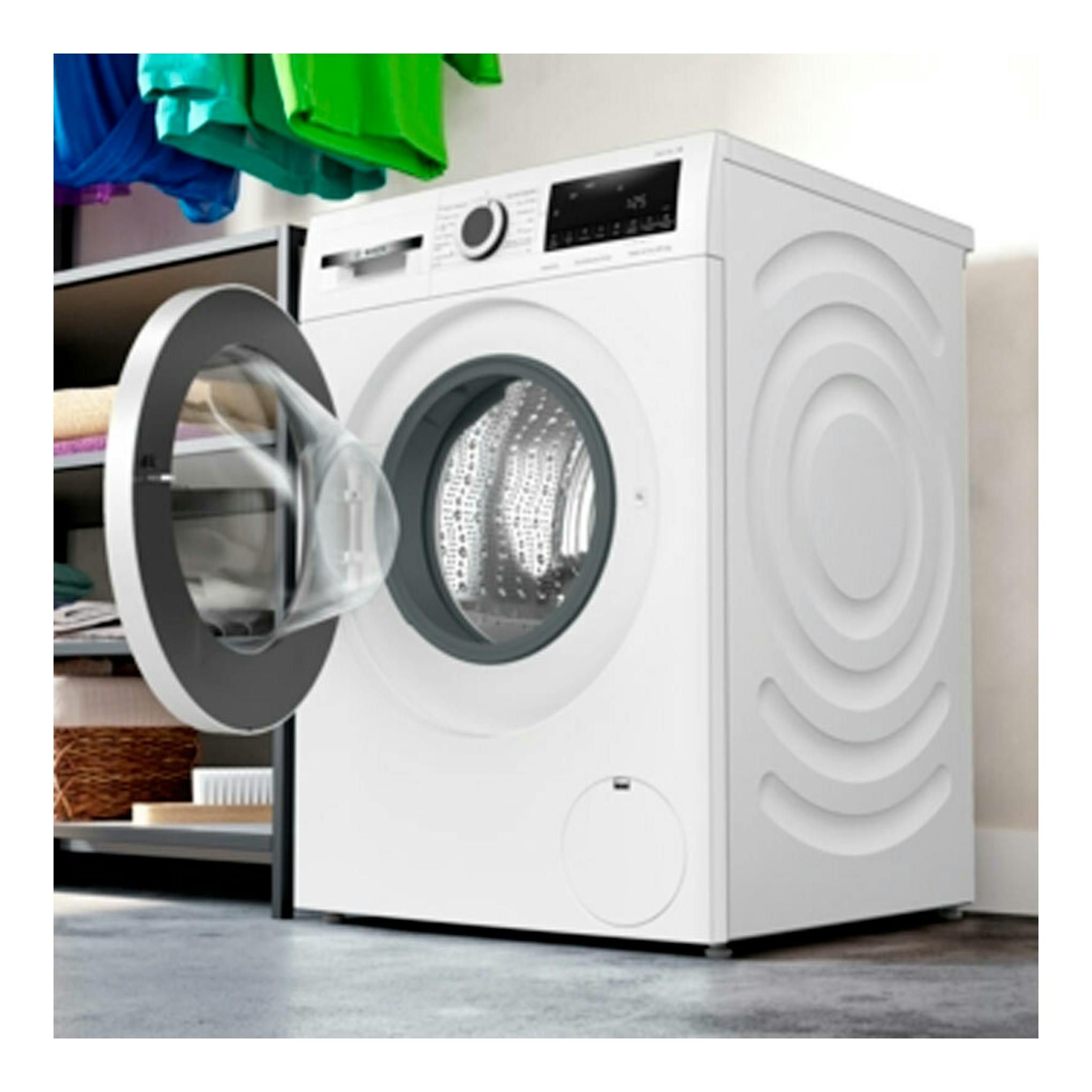 Lavasecadora Bosch WNA13401ES blanca, vista frontal en ángulo, con puerta abierta.