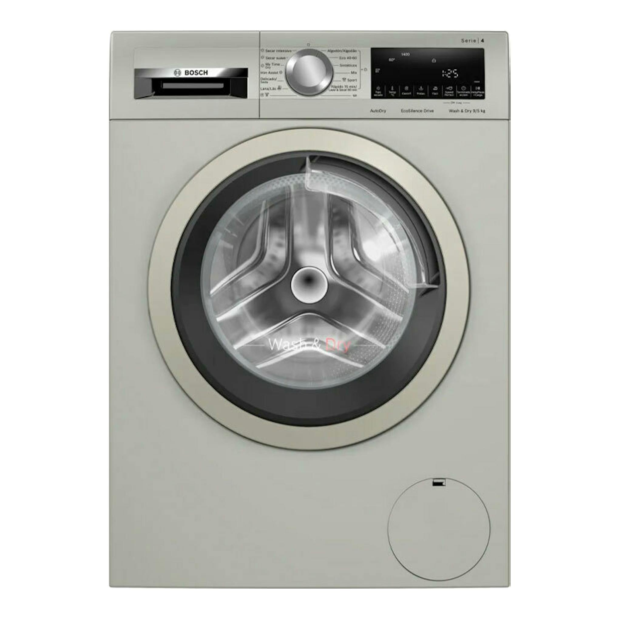 Lavasecadora Bosch WNA1341XES gris claro, vista frontal, con puerta circular y panel digital.