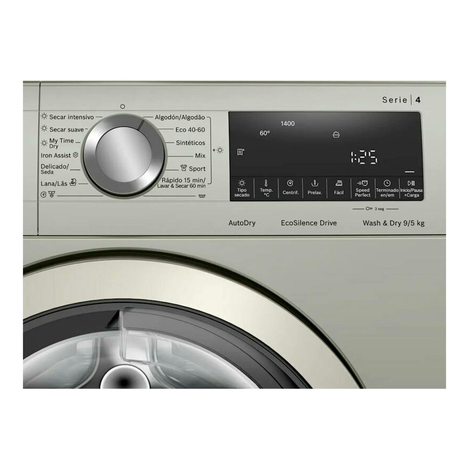 Lavasecadora Bosch WNA1341XES gris, vista frontal parcial del panel con pantalla y selector de programas.