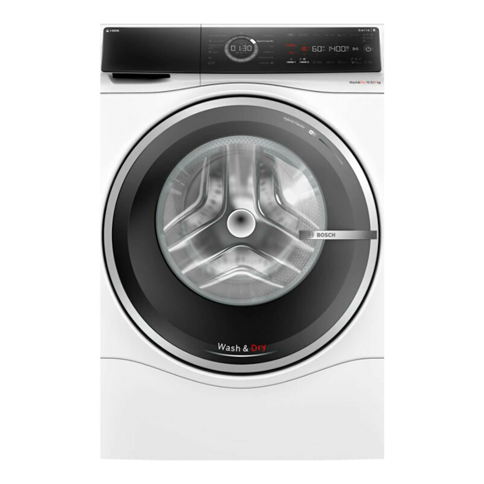 Lavasecadora Bosch WNC254A0ES blanca, vista frontal, con puerta circular negra y panel digital superior.
