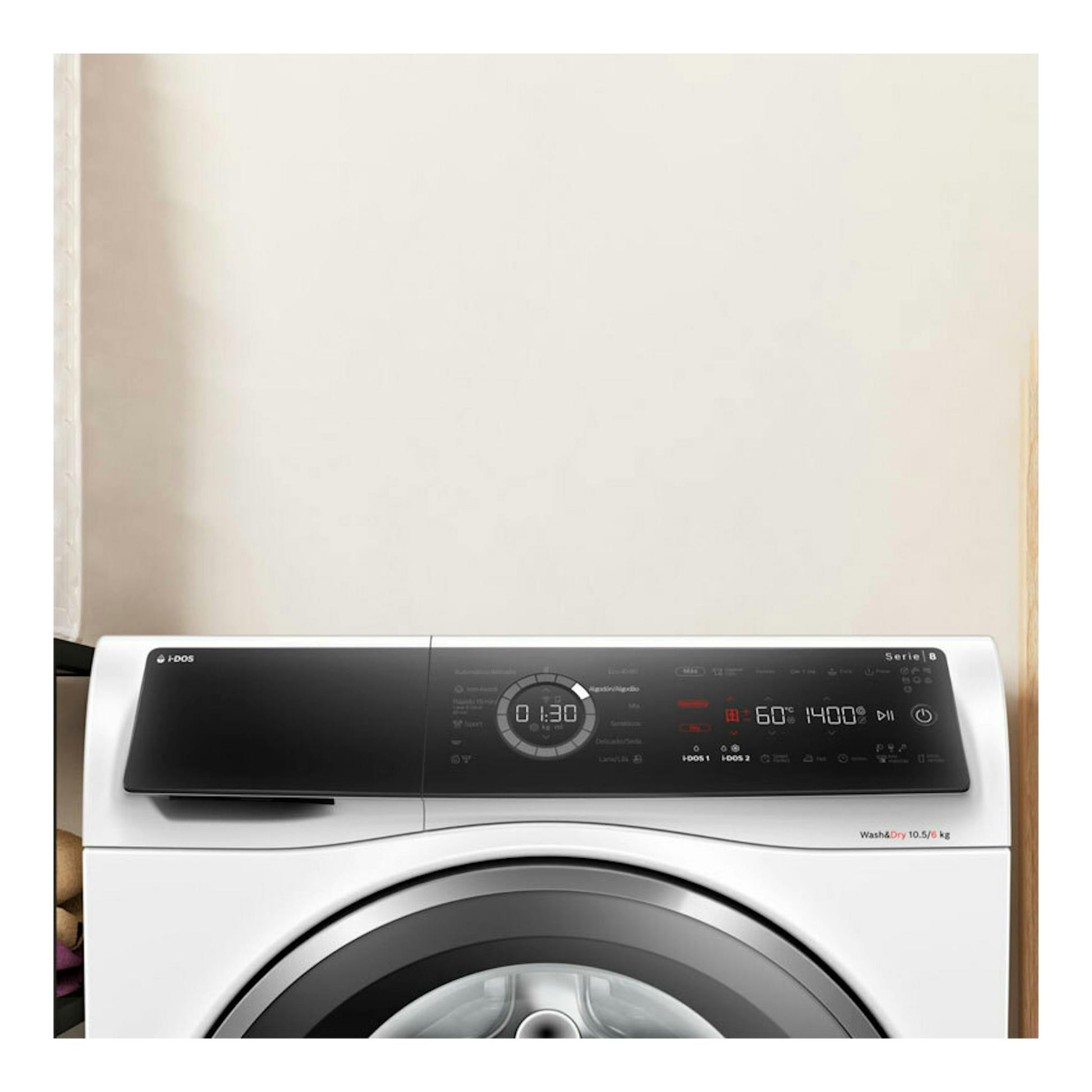 Lavasecadora Bosch WNC254A0ES blanca, vista frontal, con panel de control negro y puerta circular.