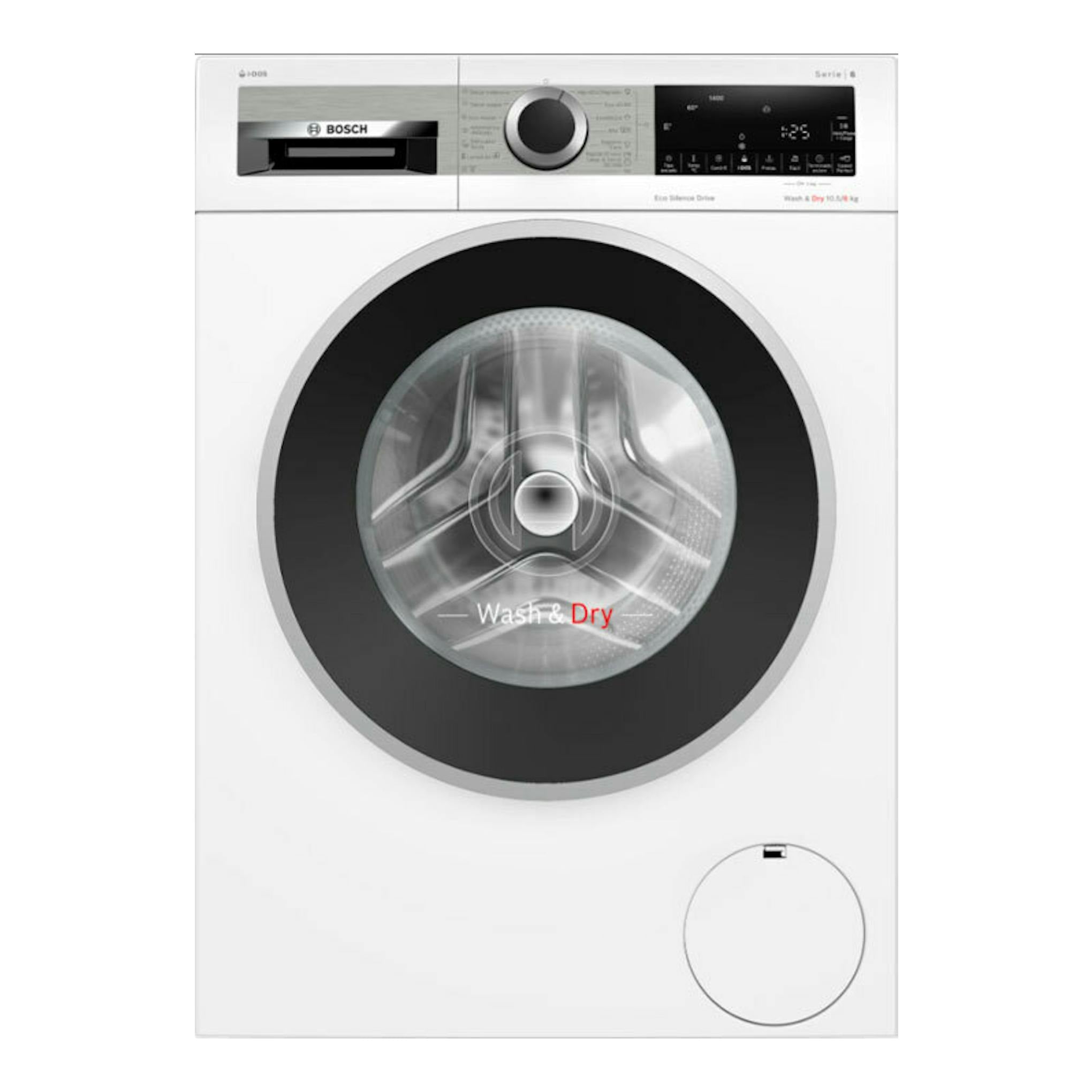 Lavasecadora Bosch WNG244A0ES blanca, vista frontal, con puerta circular negra y panel de control superior.
