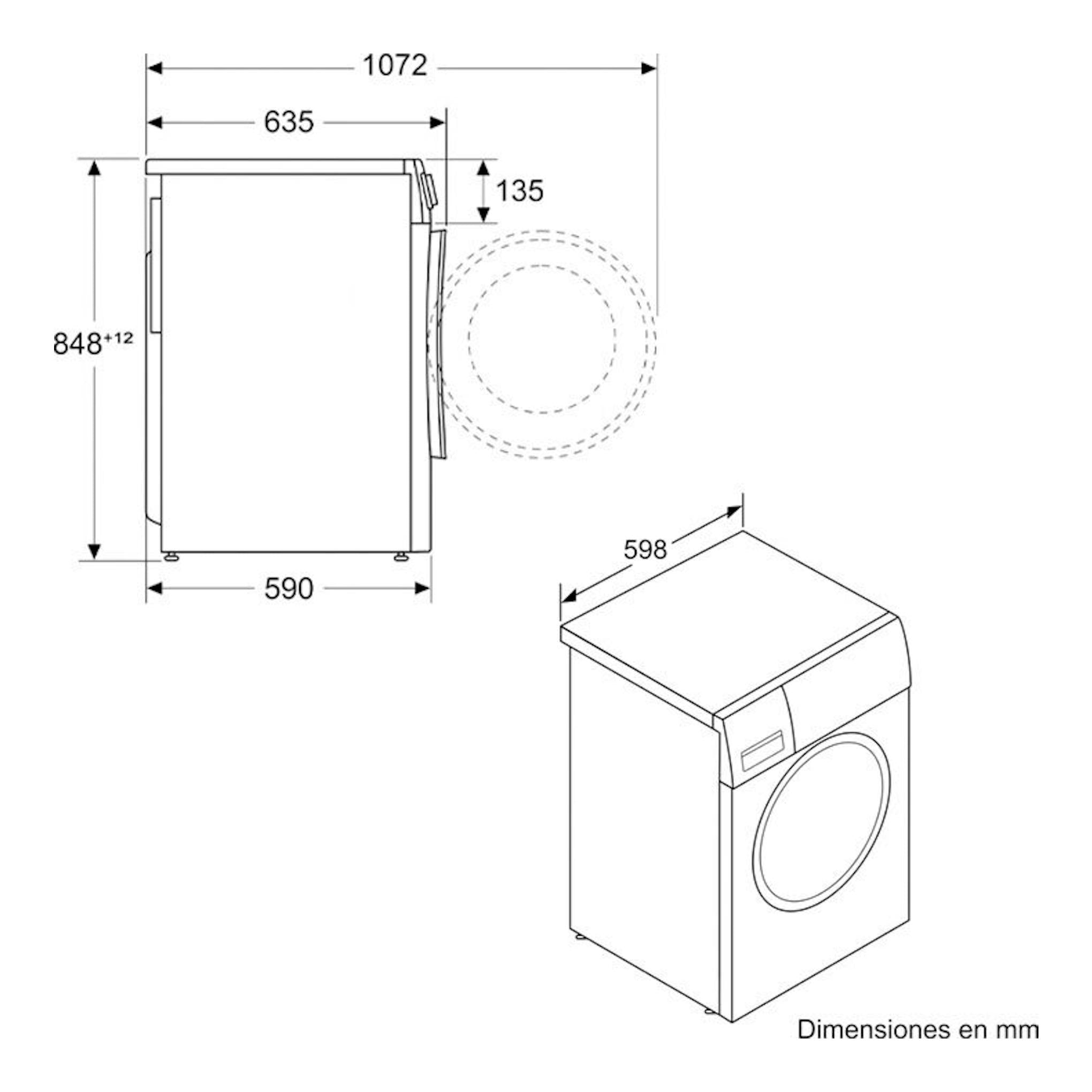 Bosch WNG244A0ES lavasecadora blanca, vista lateral e isométrica con medidas en mm.