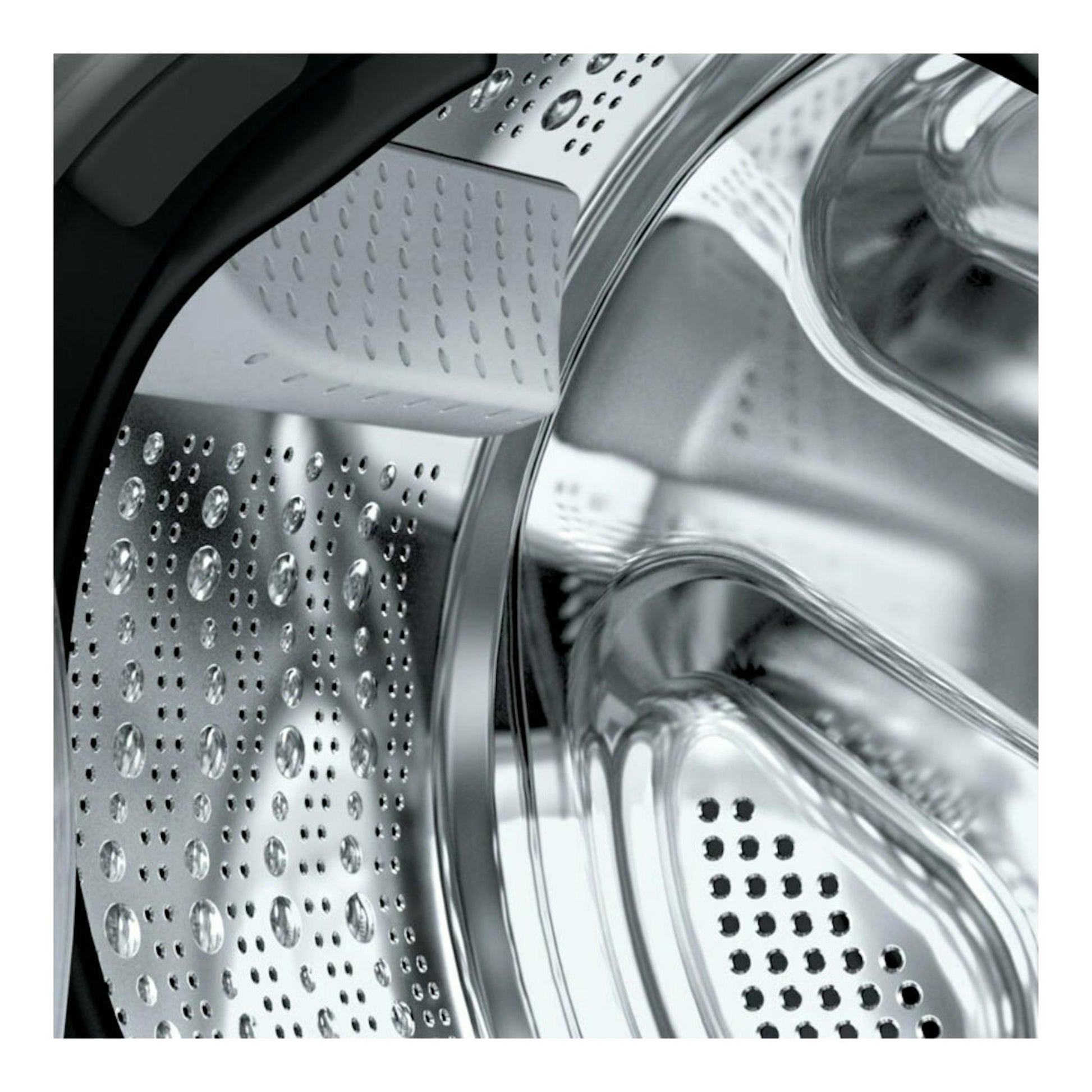 Bosch WNG244A0ES, primer plano del tambor metálico perforado de una lavasecadora, vista interior.