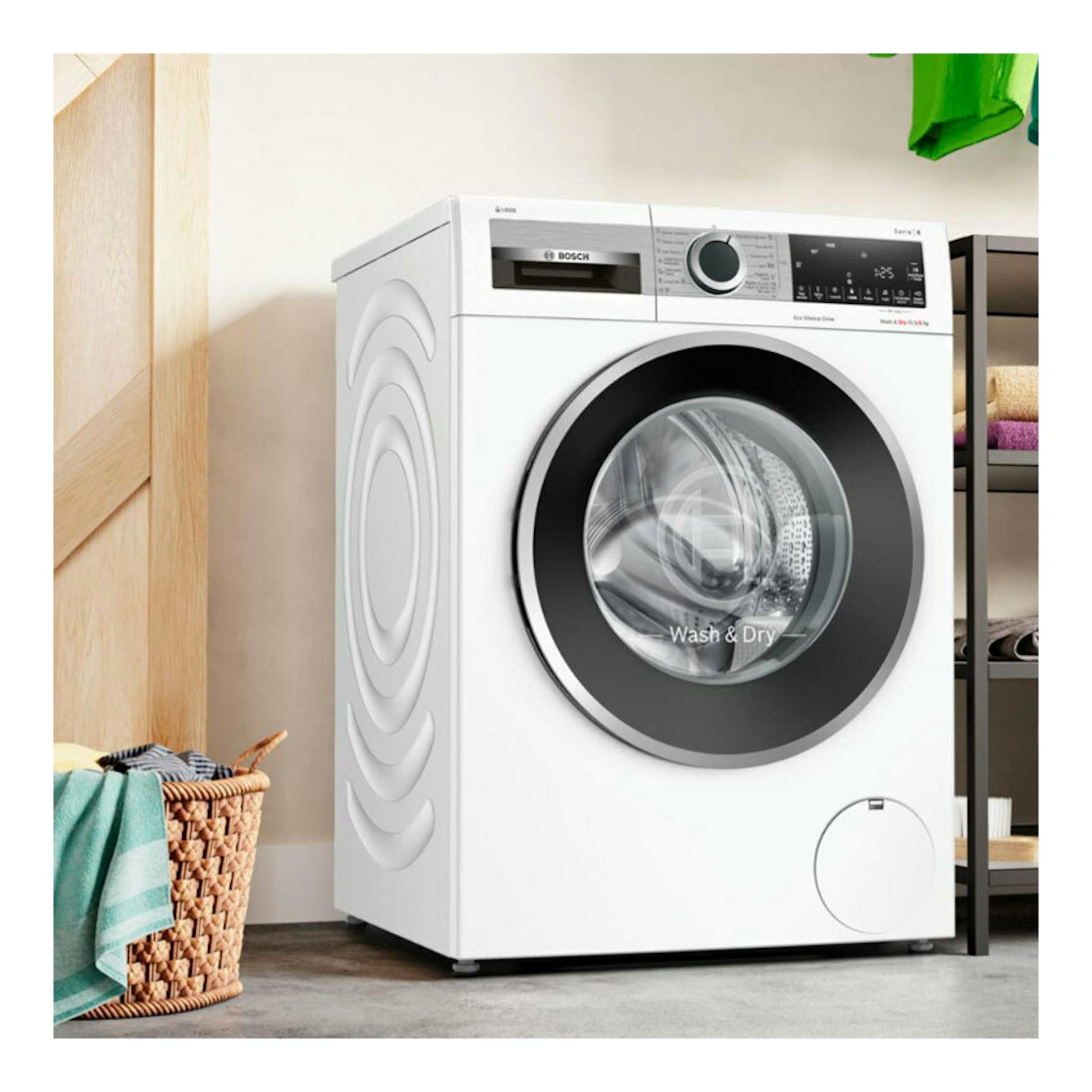 Lavasecadora Bosch WNG244A0ES blanca, vista frontal, con puerta circular y panel de control superior.