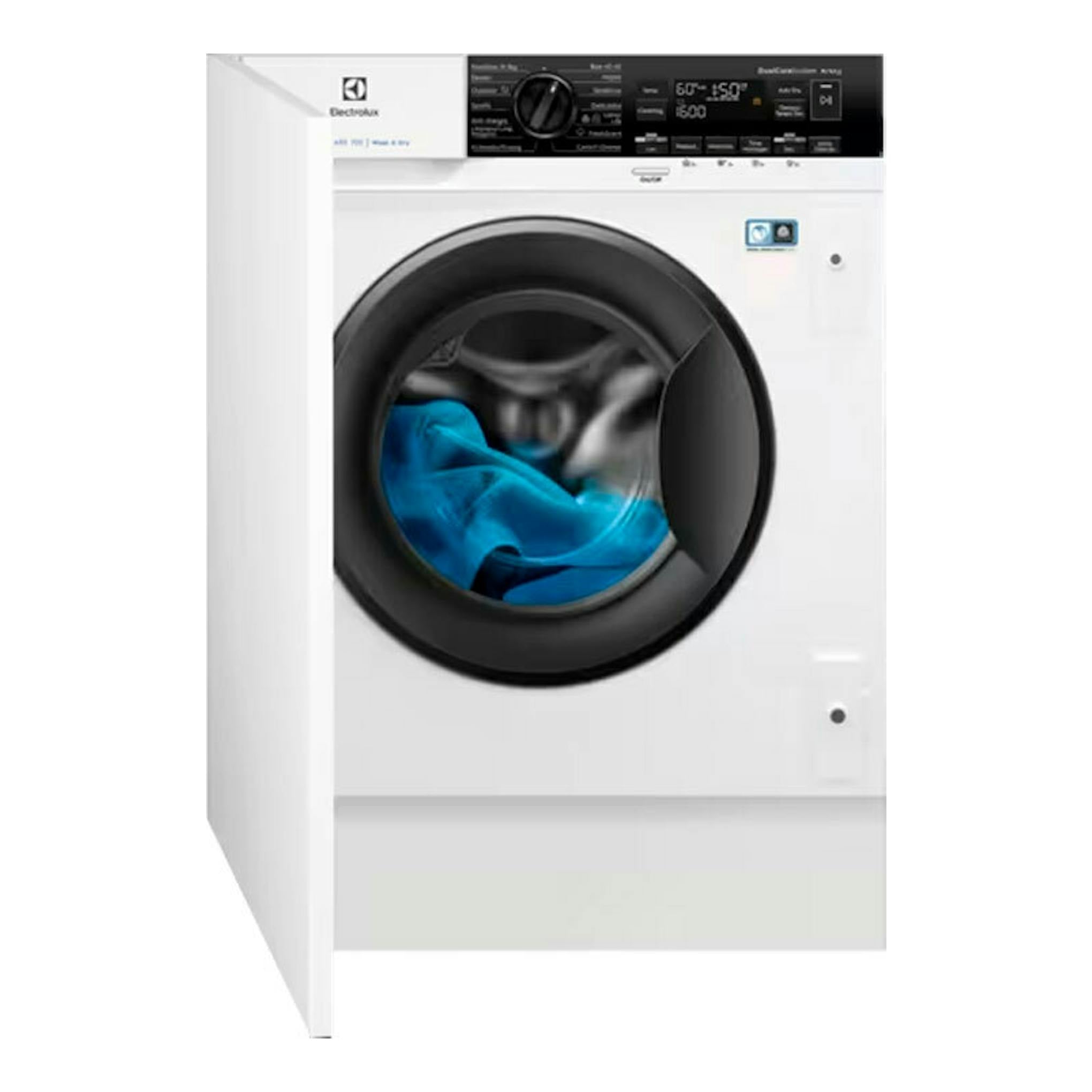 Lavasecadora Electrolux EN7W3866OF blanca, vista frontal en ángulo izquierdo, con puerta circular negra.