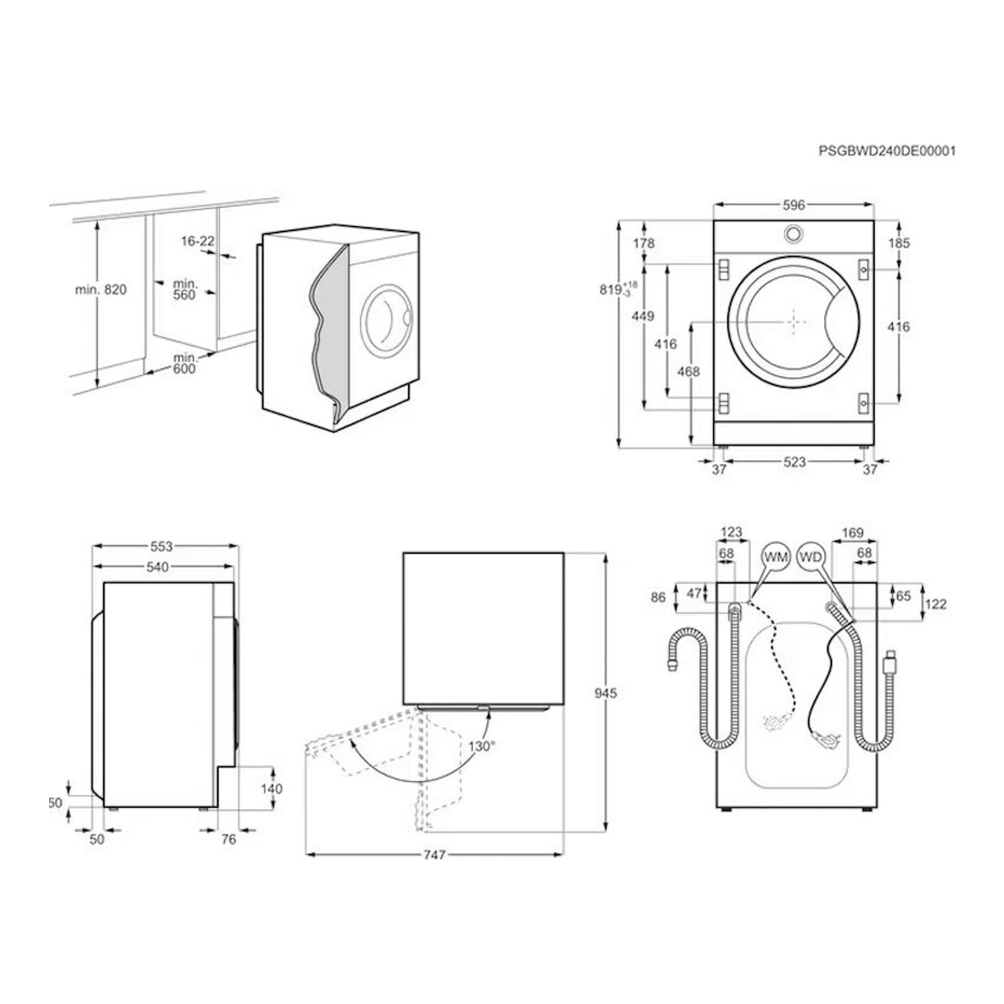 Plano técnico de lavasecadora Electrolux EN7W3866OF 8 kg, con vistas frontal, lateral y superior y medidas.