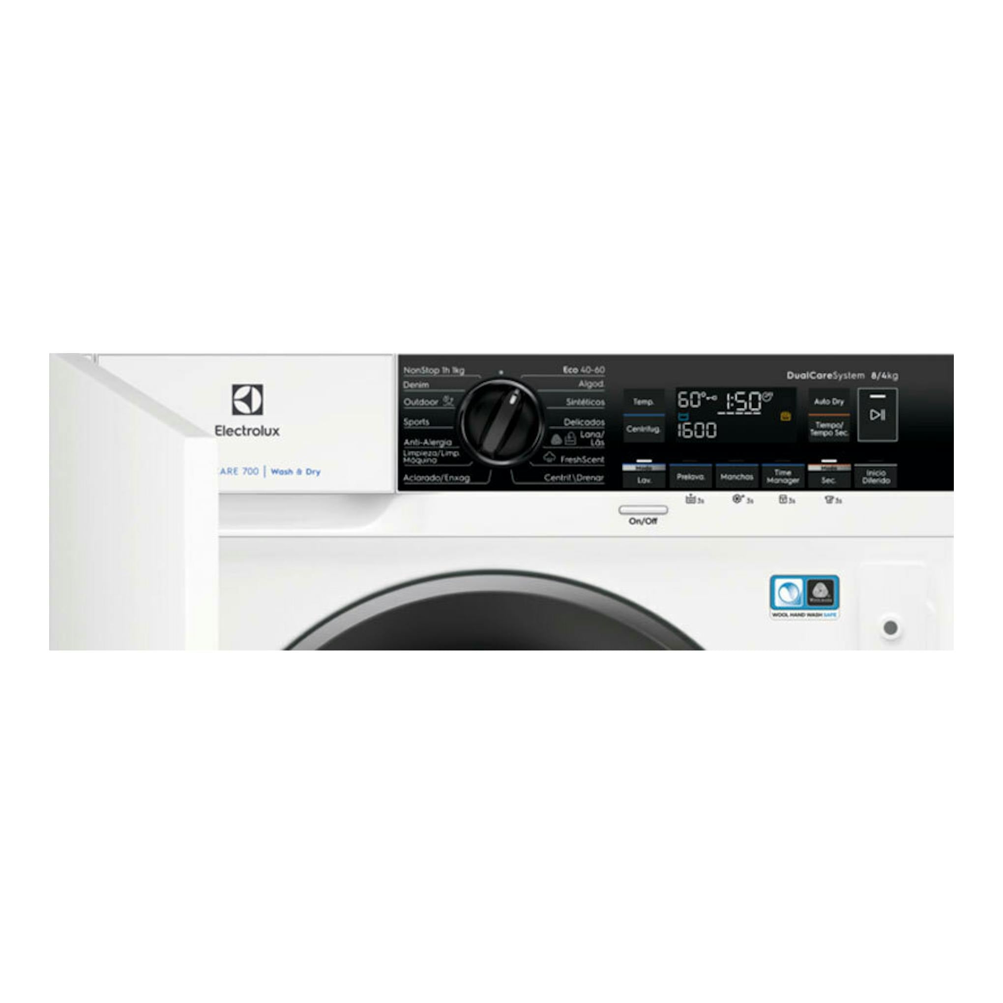 Lavasecadora Electrolux EN7W3866OF blanca, vista frontal, con panel negro y puerta circular.