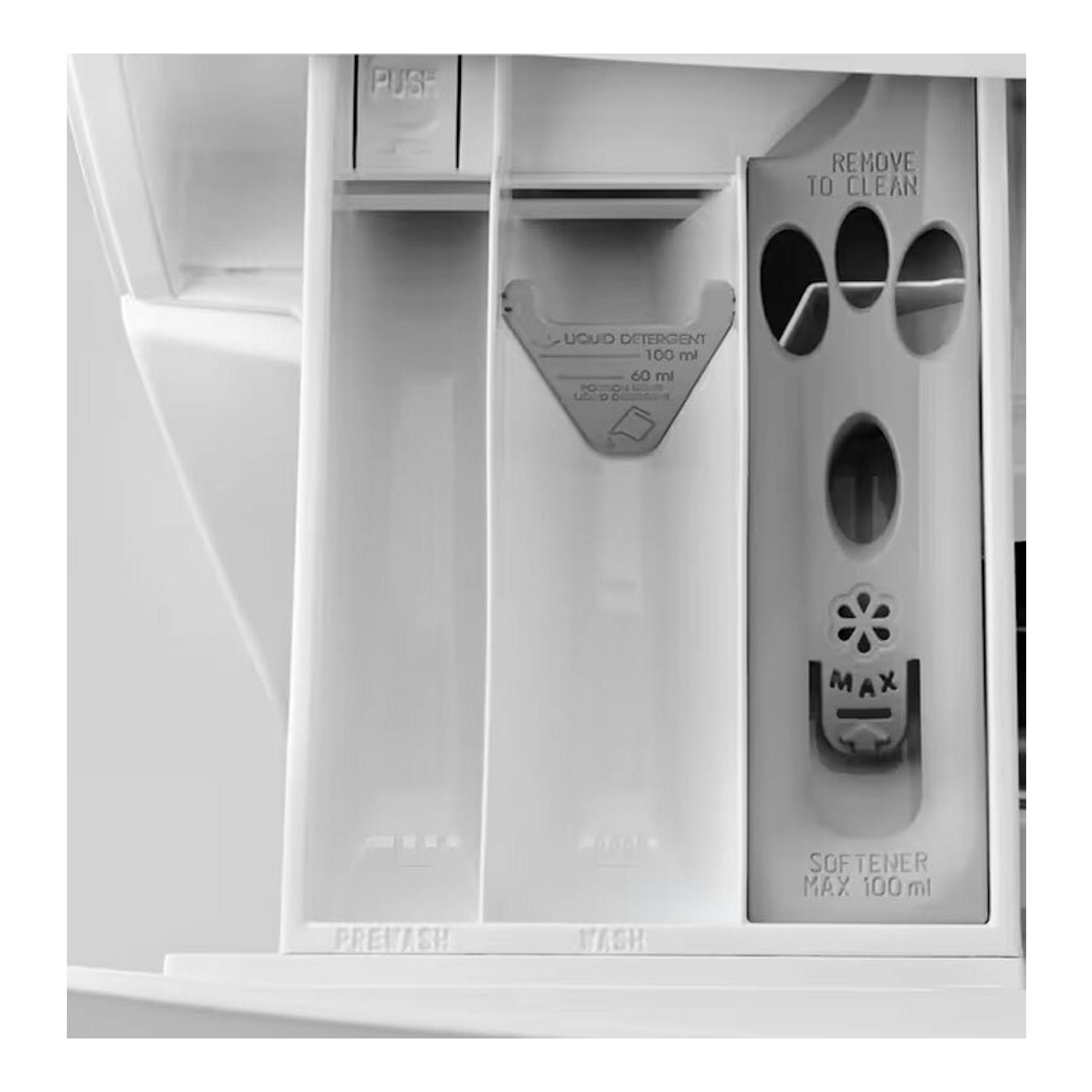 Primer plano del dispensador de detergente de la lavasecadora Electrolux EN7W3866OF, blanco, vista frontal.