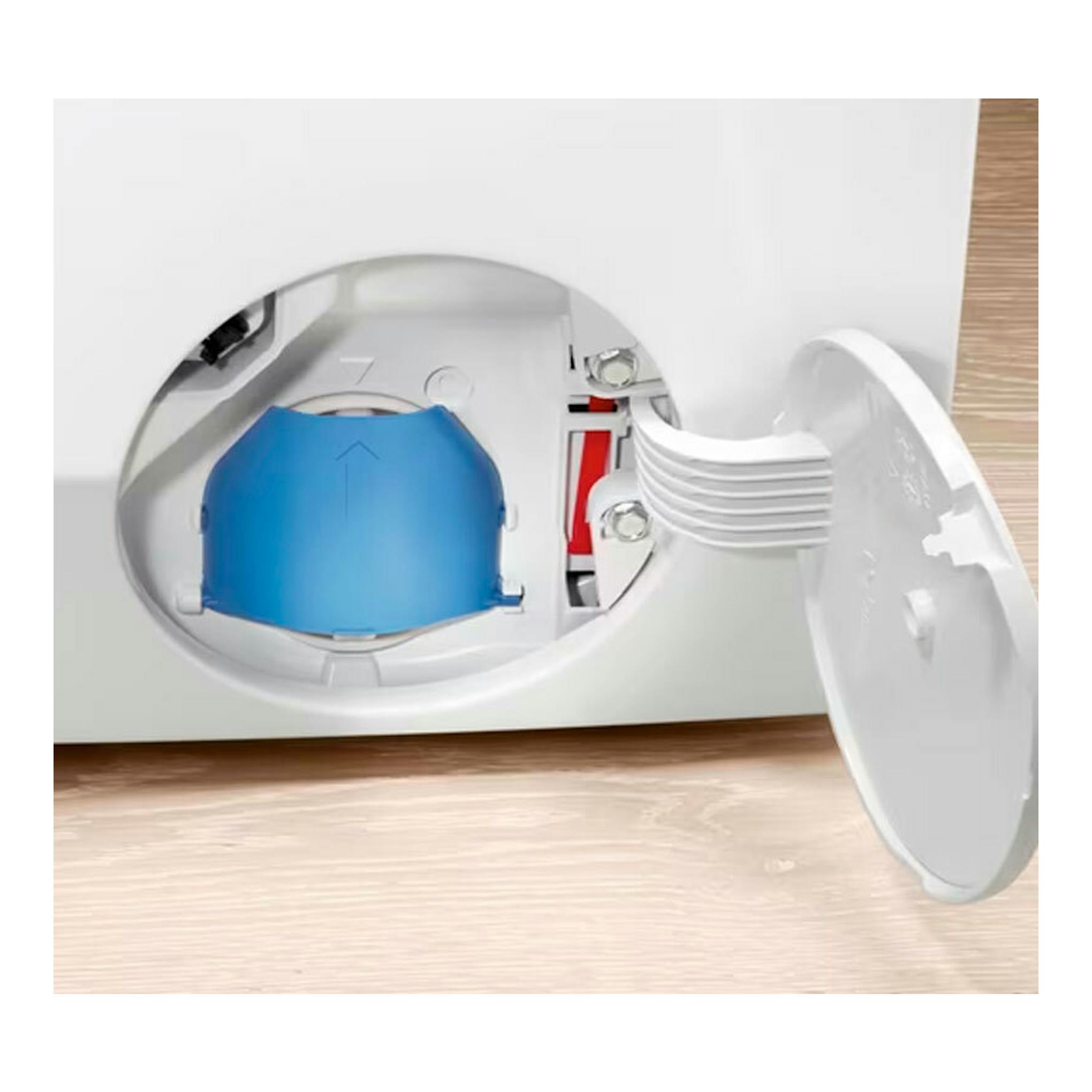 Lavasecadora Electrolux EN7W3866OF blanca, detalle frontal del compartimento inferior abierto.