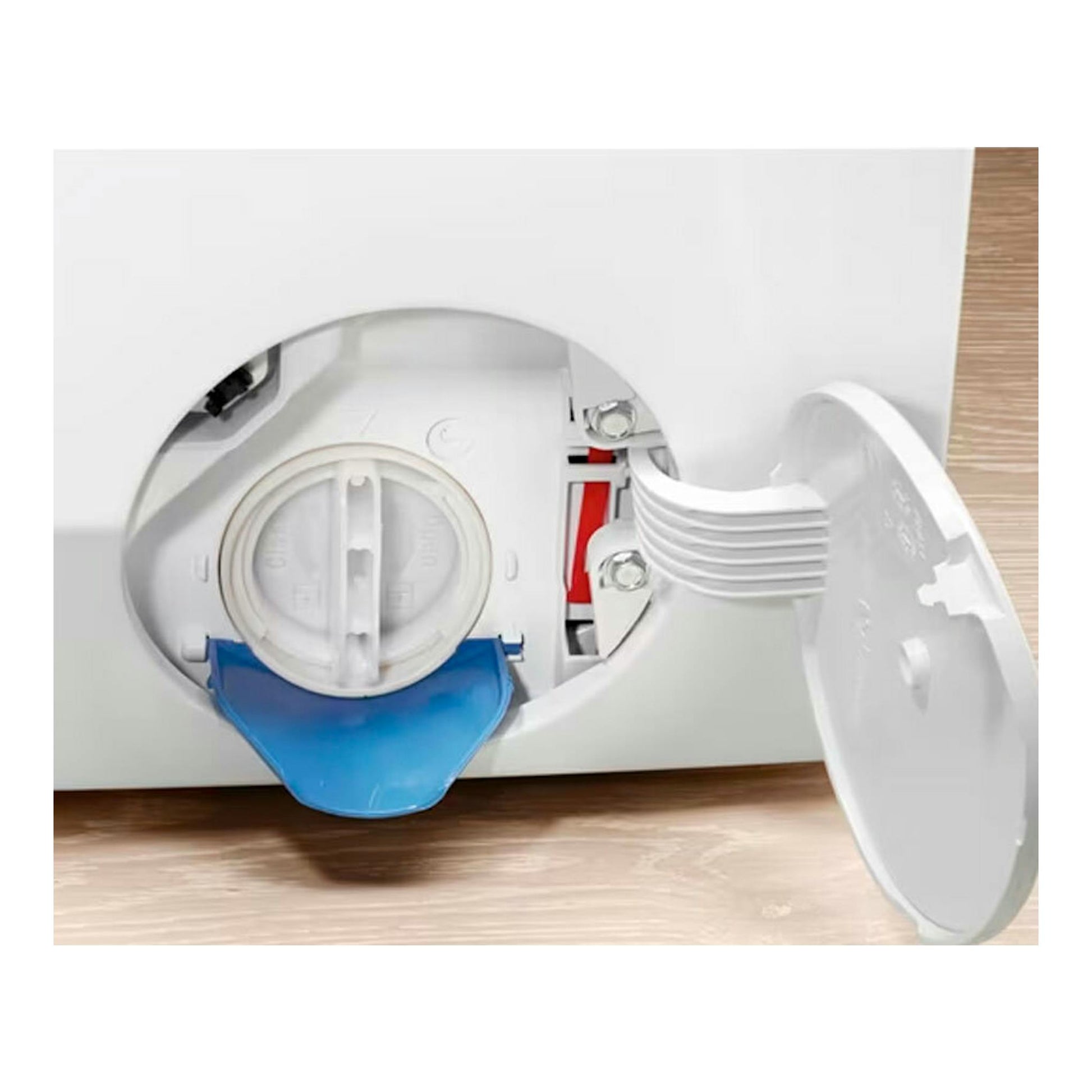 Lavasecadora Electrolux EN7W3866OF blanca, primer plano del filtro de desagüe abierto con tapa azul.
