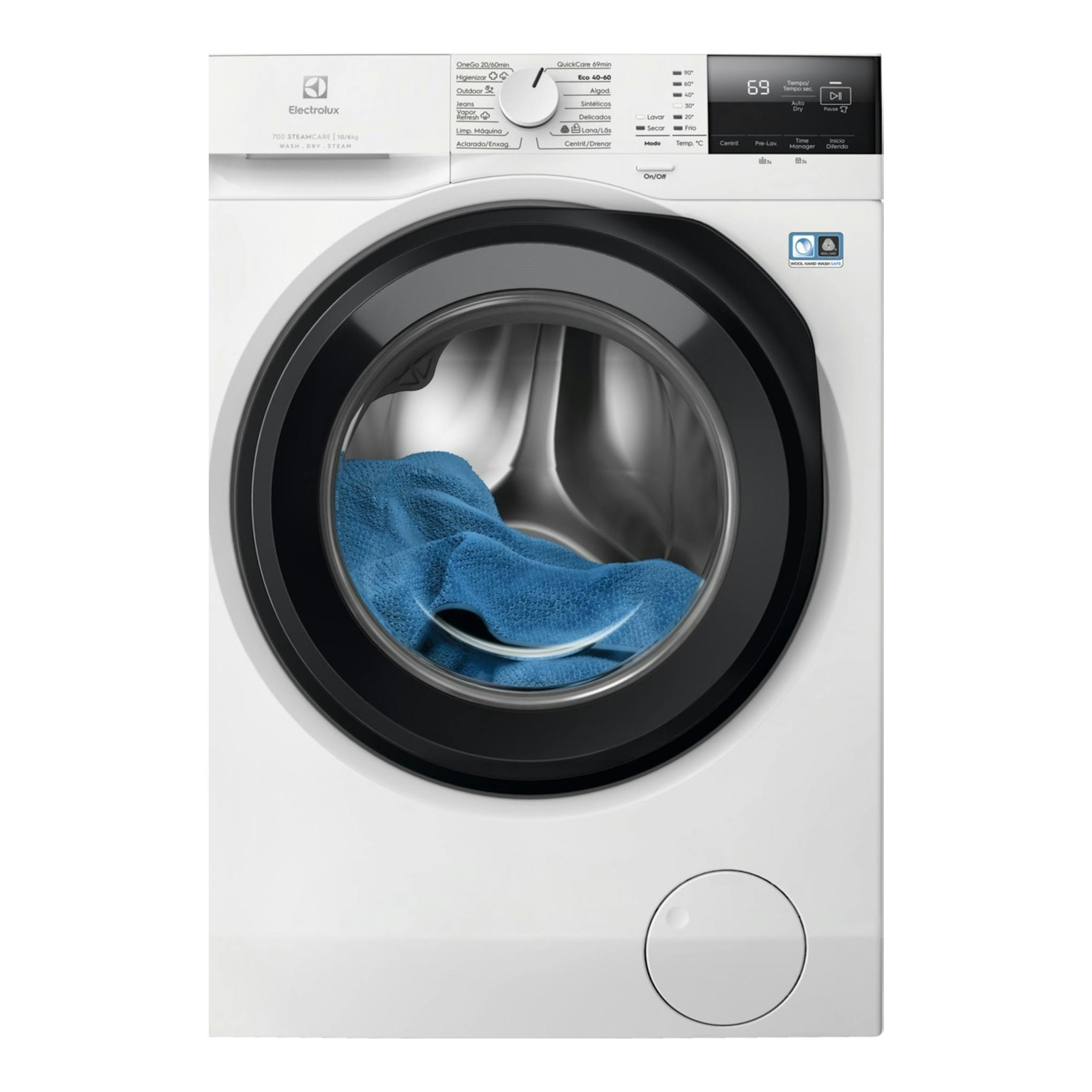Lavasecadora Electrolux EWI7216O2B blanca, vista frontal, con puerta circular negra y panel digital.