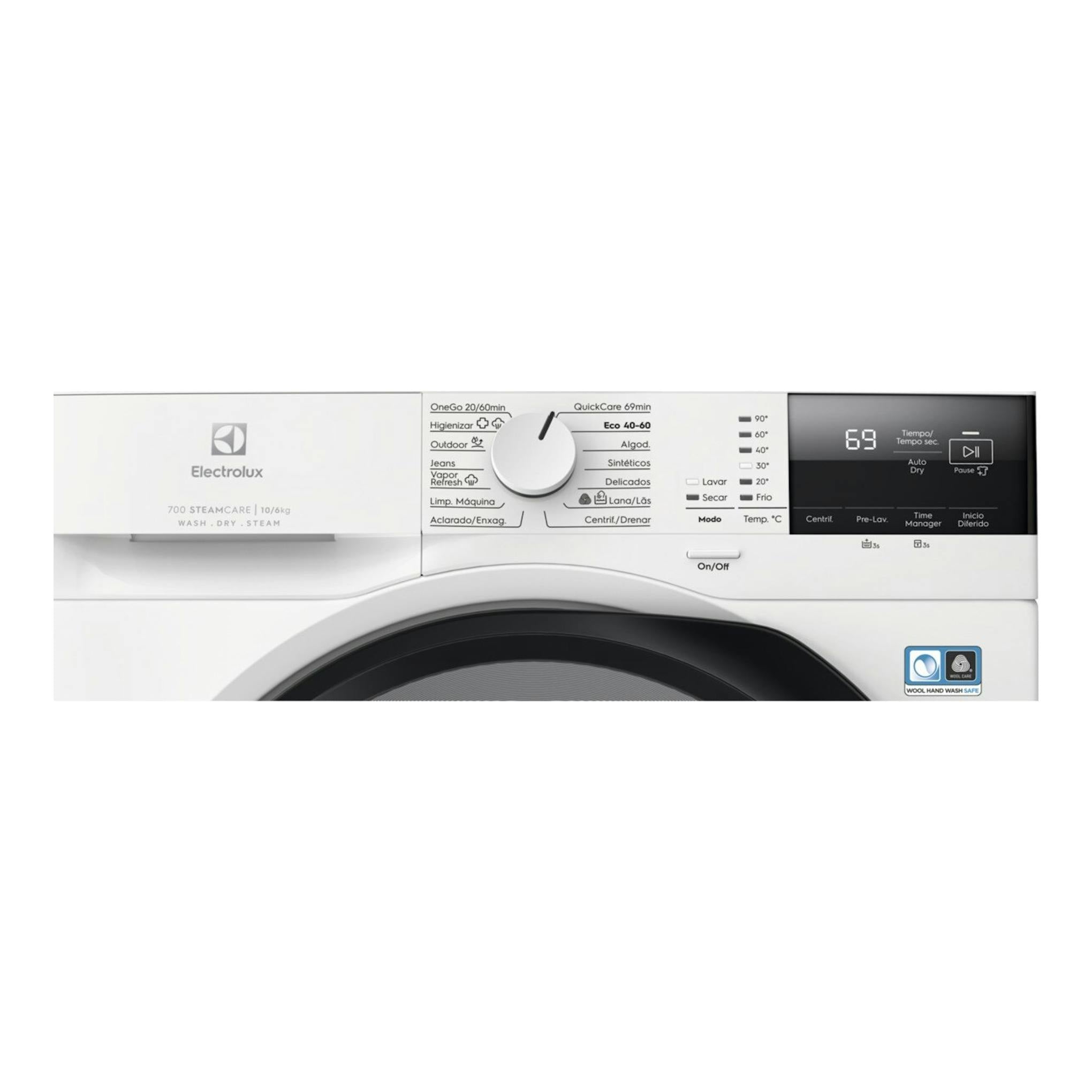 Lavasecadora Electrolux EWI7216O2B blanca, vista frontal, con panel digital y selector central.